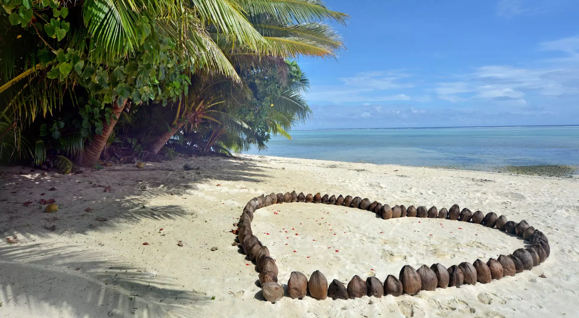 A romantic heart made out of coconuts on the beach in Rarotonga, Cook Islands.