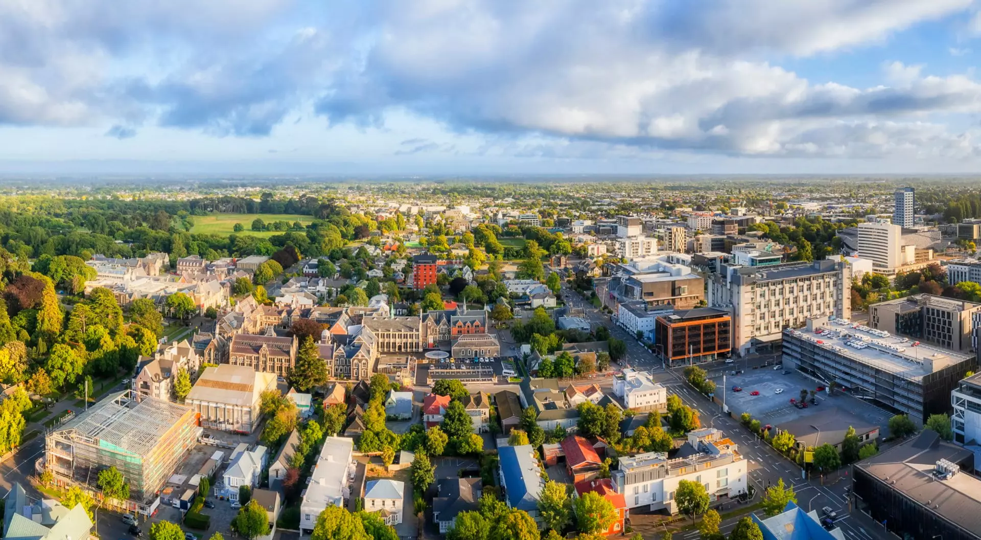 New Zealand Aerial cityscape panorama of christchurch city skyline in New Zealand Canterbury.