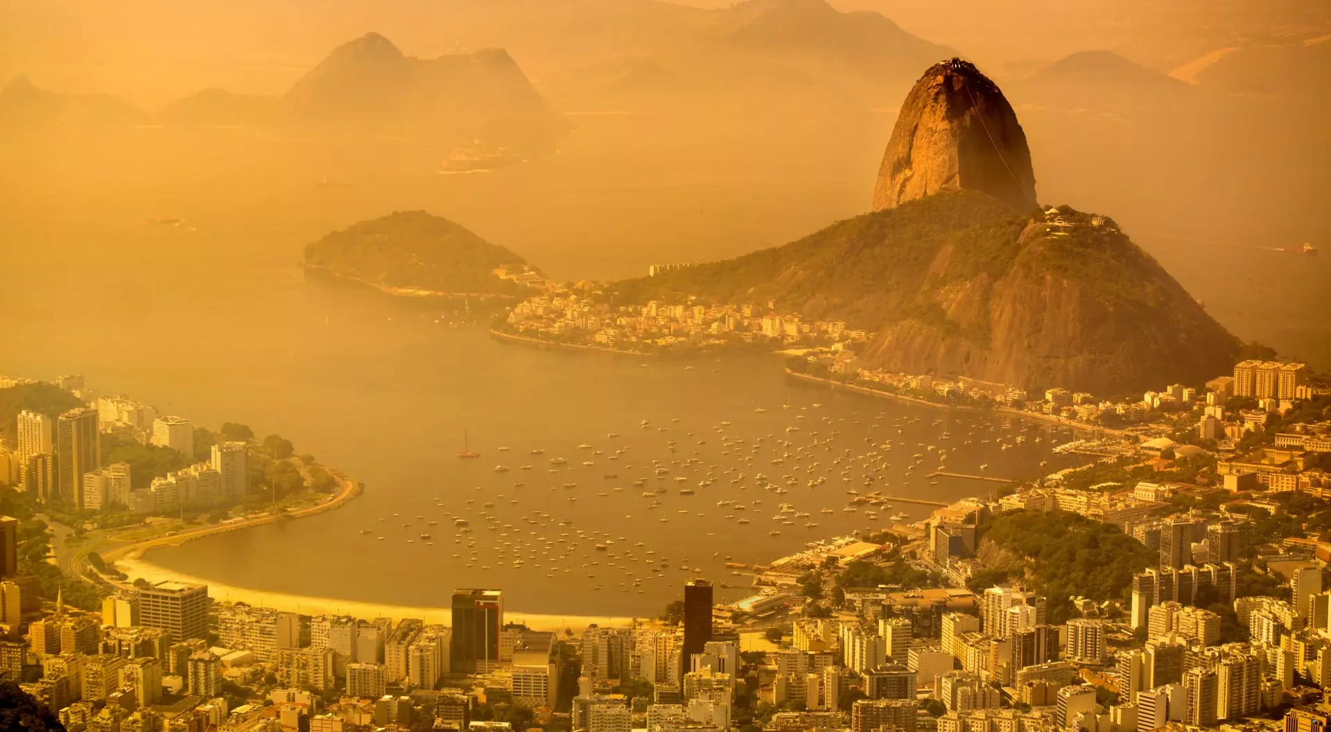 Rio de Janeiro, Brazil Aerial view of Rio de Janeiro with sugarloaf mountain and Guanabara Bay at background.