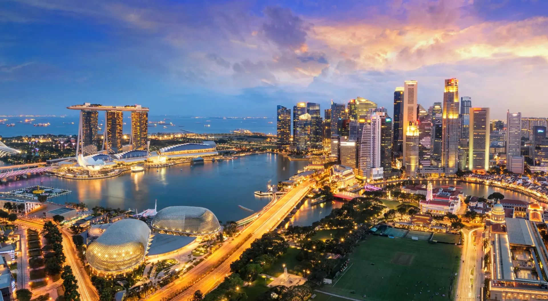 Singapore Aerial view of Singapore Skyline at night