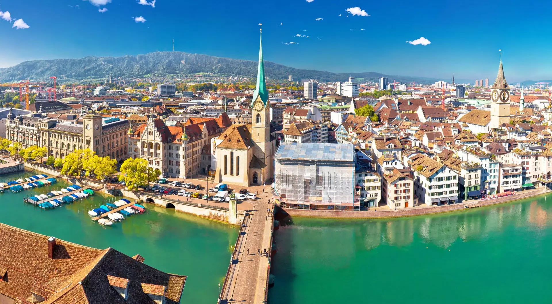 Aerial and panoramic view of Zurich and Limmat River waterfront, Switzerland