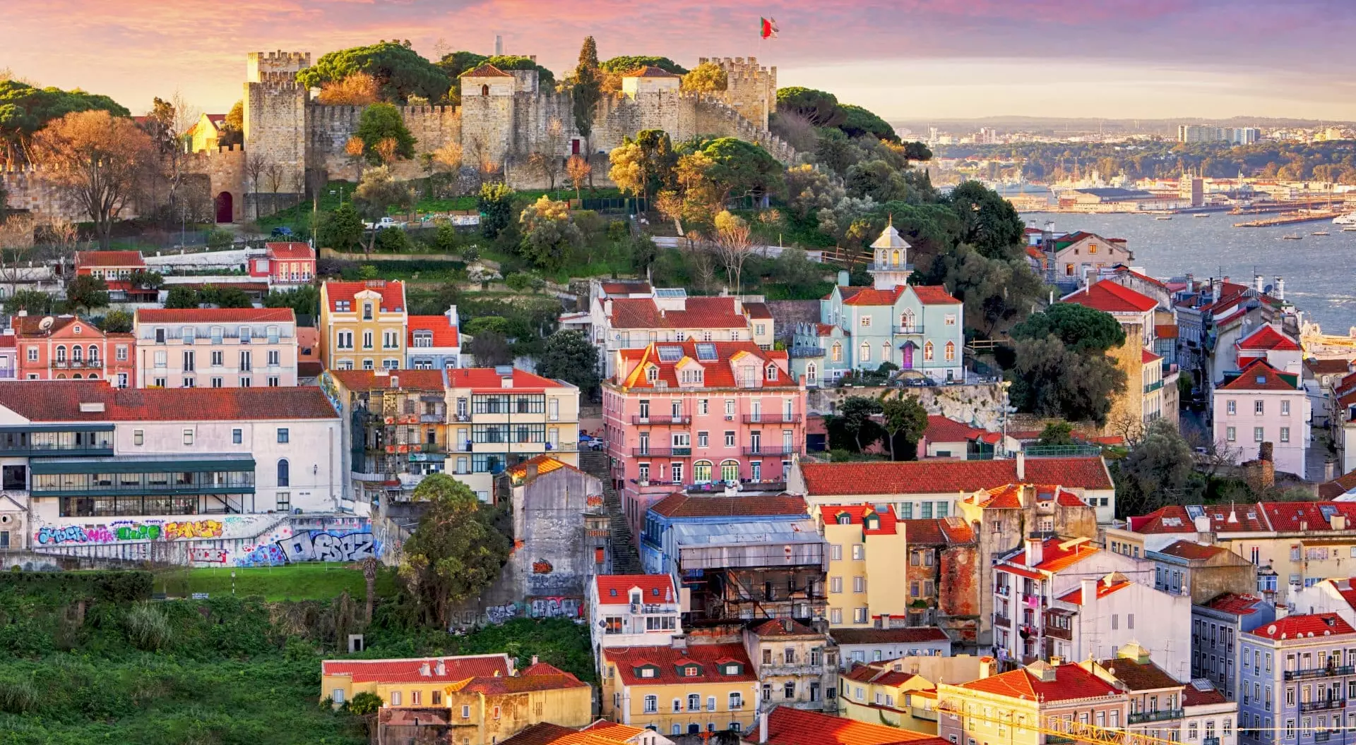 Lisbon, Portugal Alfama District skyline with Sao Jorge Castle, Lisbon, Portugal