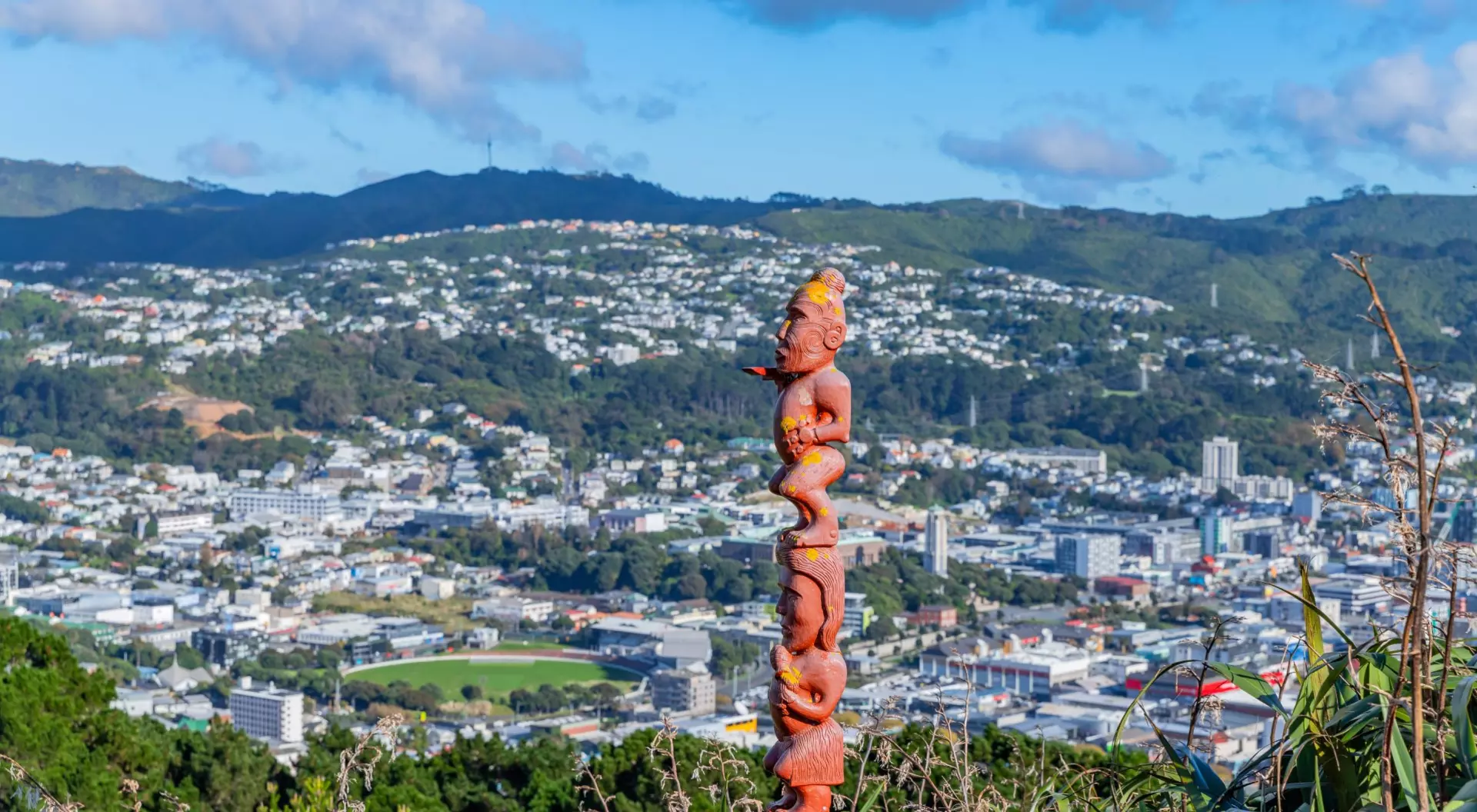 Wellington, New Zealand Ancient Maori sculpture on top of Mt Victoria in Wellington, New Zealand