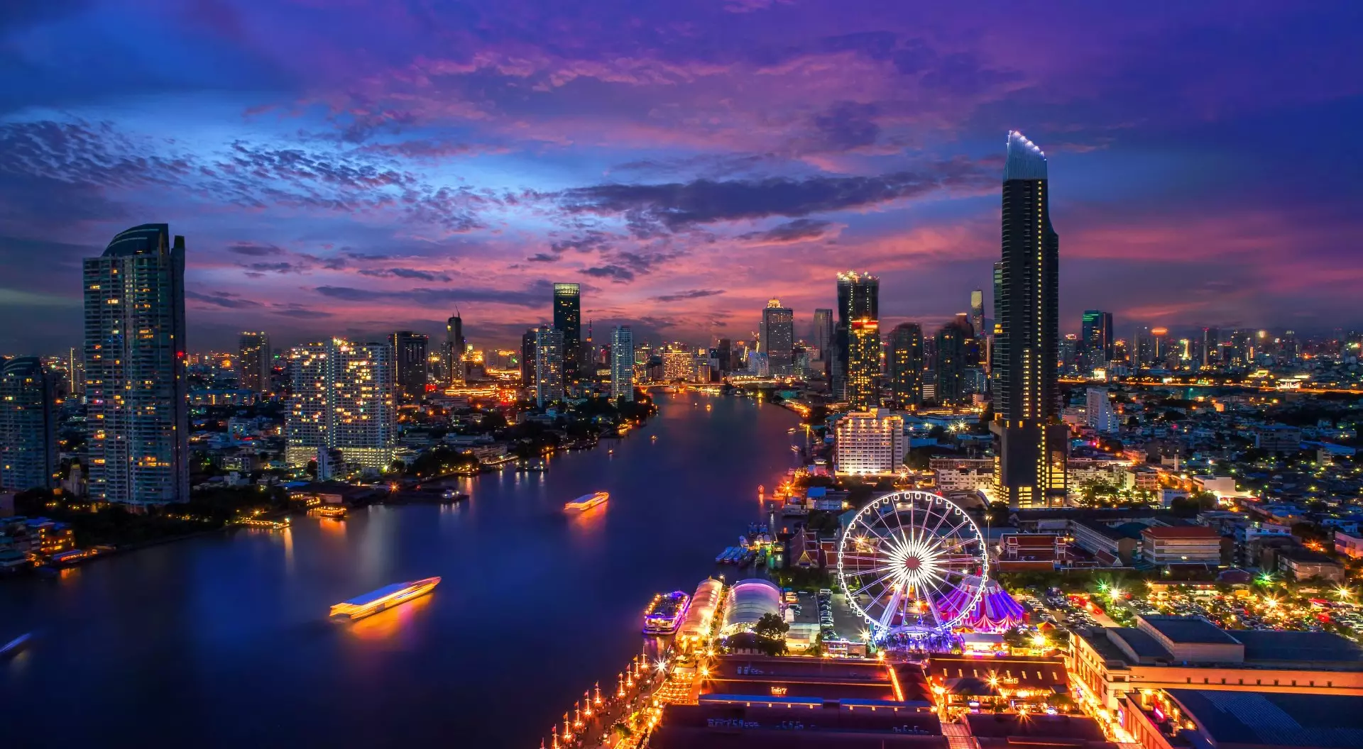 Bangkok, Thailand Bangkok and Chao Phraya River at twilight, Bangkok, Thailand
