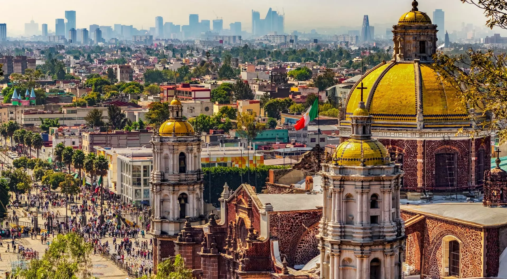 Basilica of Our Lady of Guadalupe and cityscape of Mexico City, Mexico