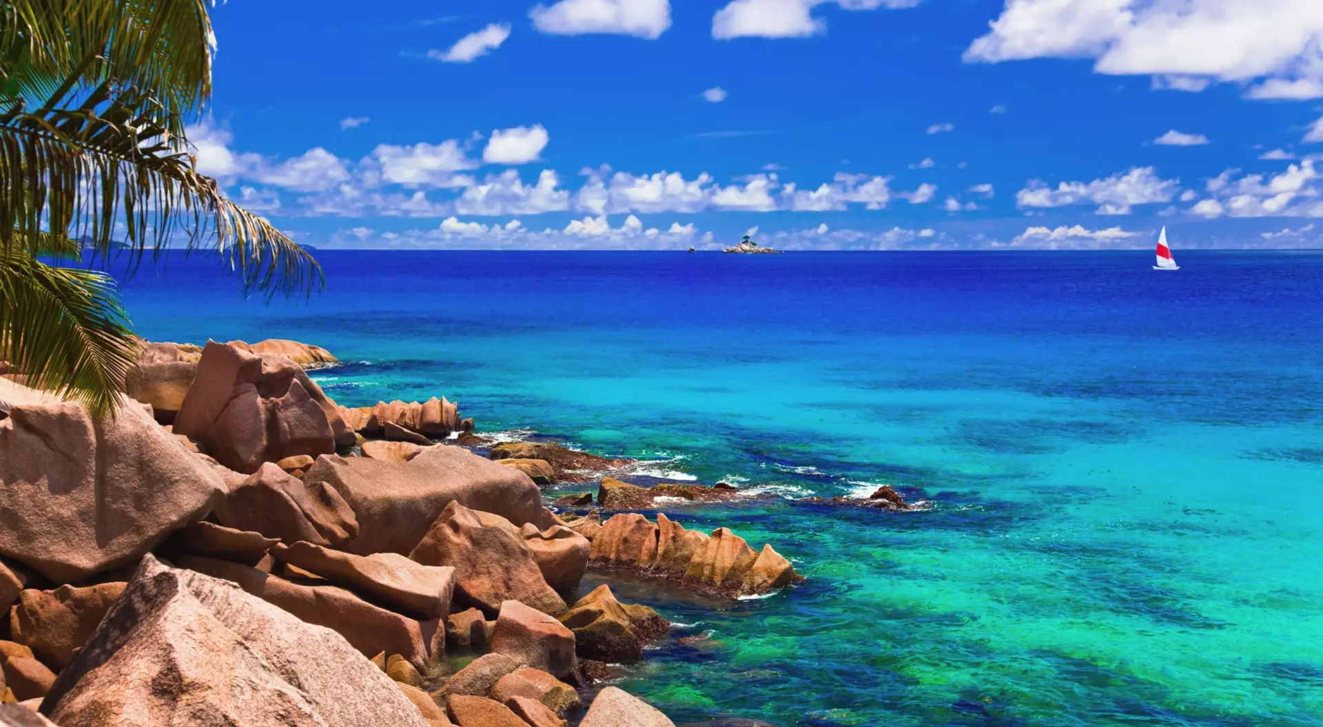 Beaches of La Digue and Sailboat Seychelles