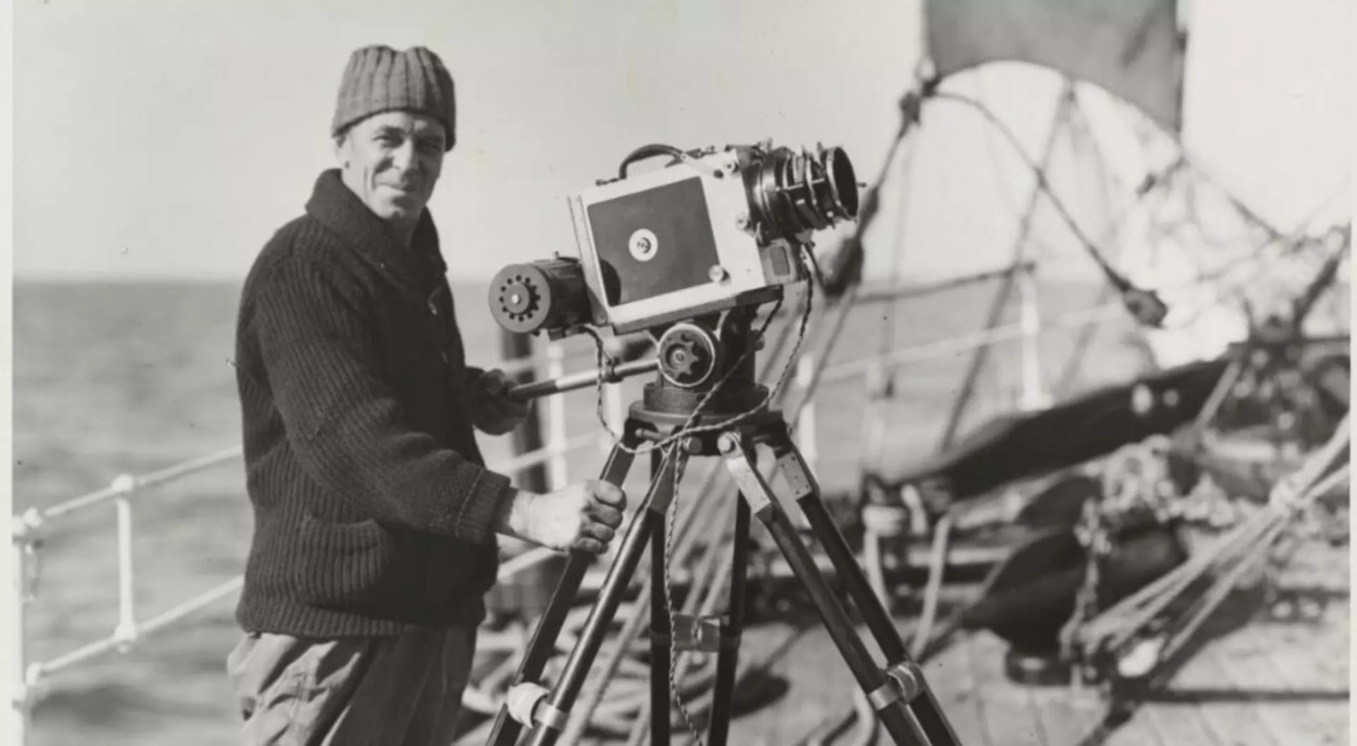 Captain Frank Hurley with a camera on board the Discovery, circa 1931
