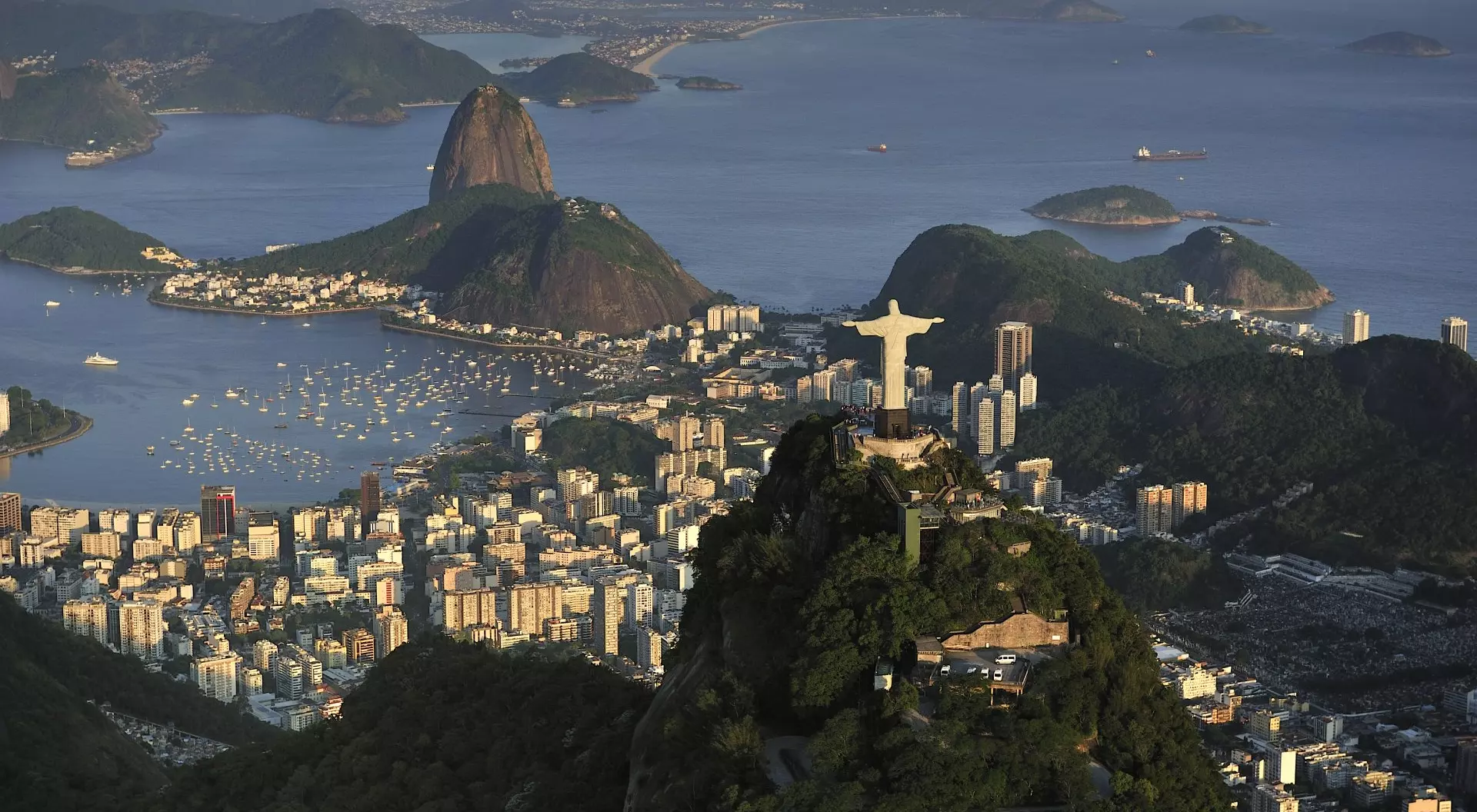 Rio de Janeiro, Brazil Christ the Redeemer statue on top of Corcovado Hill, overlooking Guanabara Bay and Sugarloaf, Rio de Janeiro, Brazil