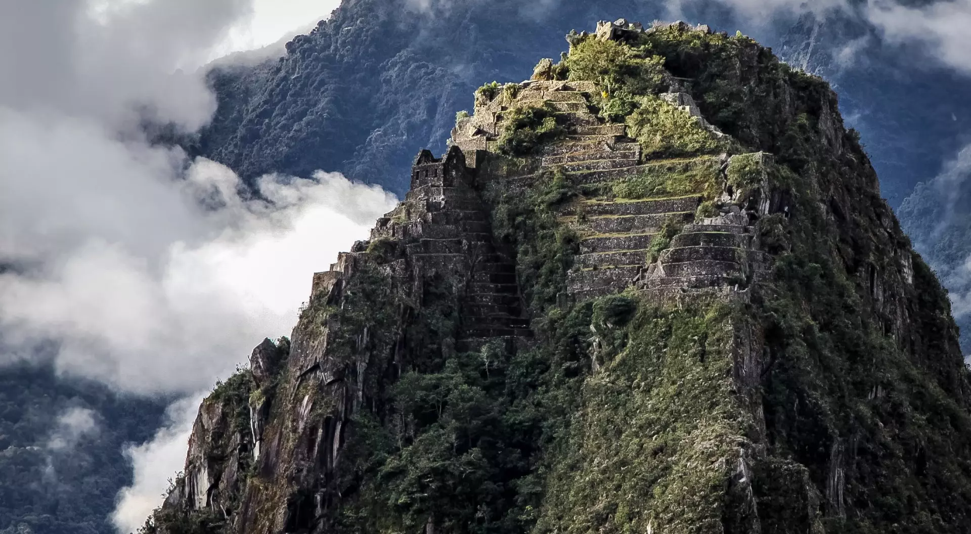 Close up view of top of Huayna Picchu with terraces, Machu Picchu, Peru