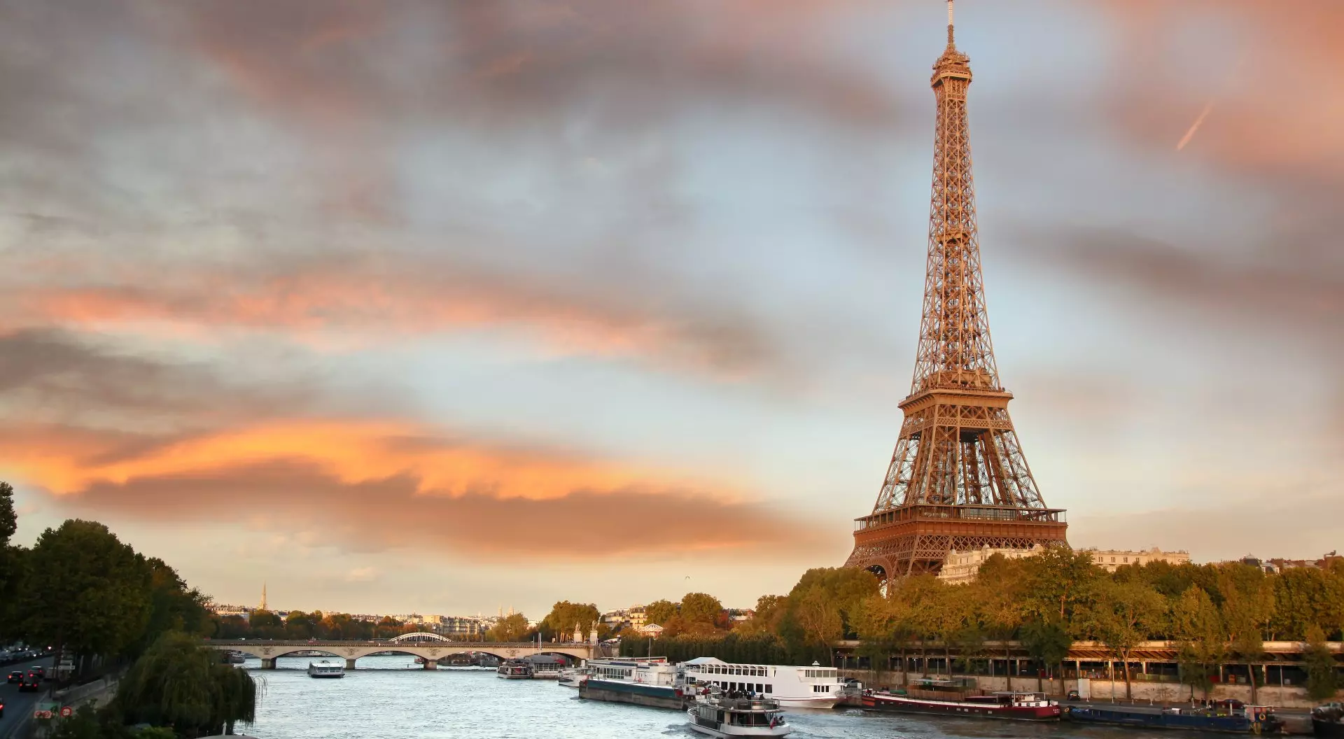 Paris, France Eiffel Tower with Boats on the River Seine in Evening Paris, France