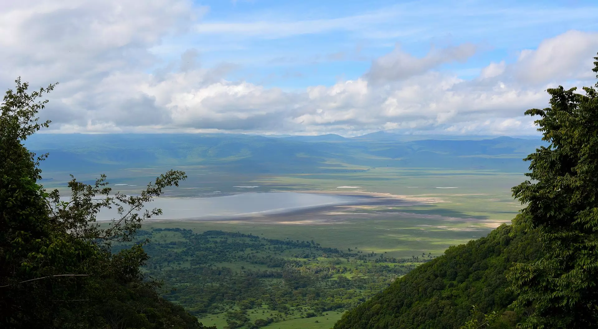 Elevated view of floor of Ngorongoro Crater from the southern edge of the crater.