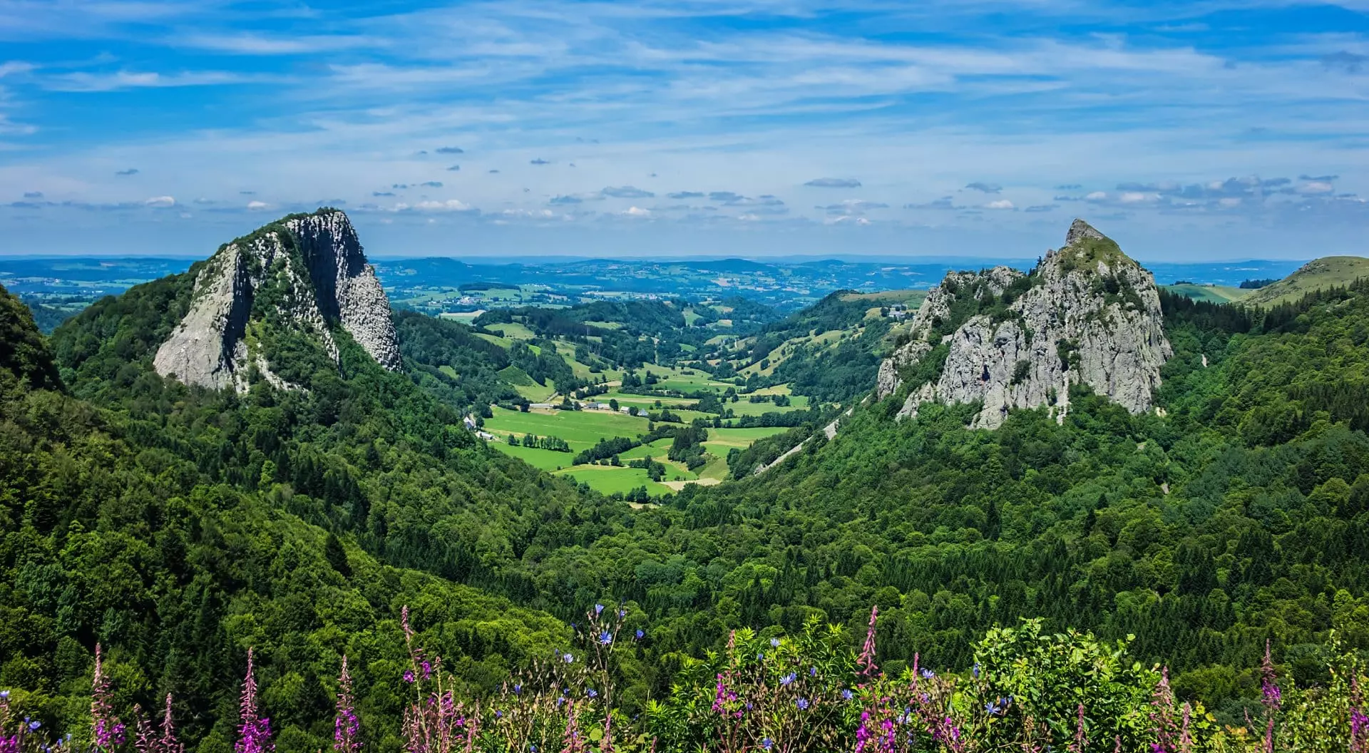 Auvergne, France Famous Auvergne rocks, Tuiliere and Sanadoire in Volcans d'Auvergne regional natural park, Auvergne, France