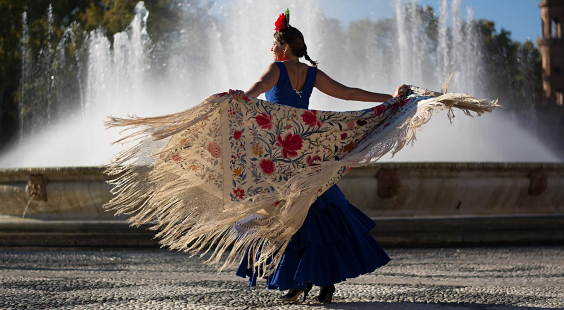 Flamenco Dancer Near Fountain, Spain