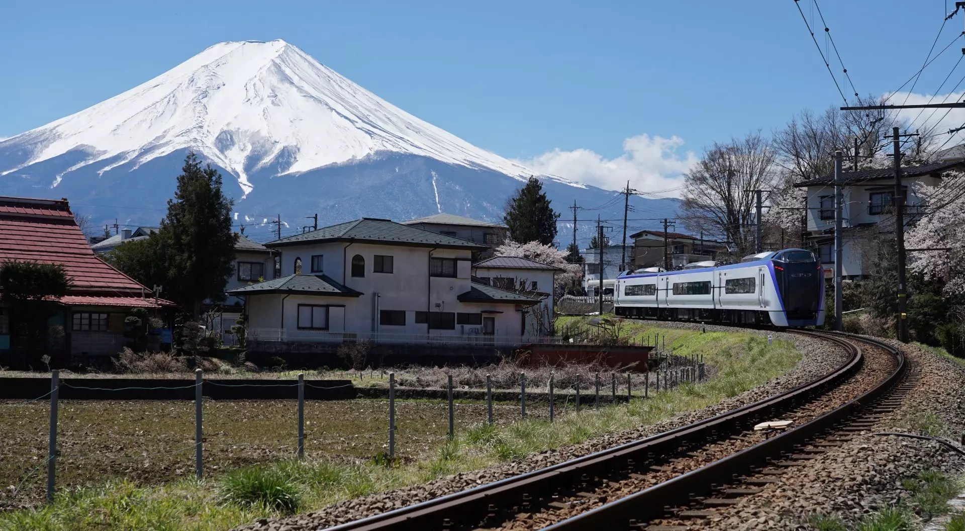 Fuji excursion train from JR Shinjuku station to Kawaguchiko Station and Mt.Fuji in Japan.