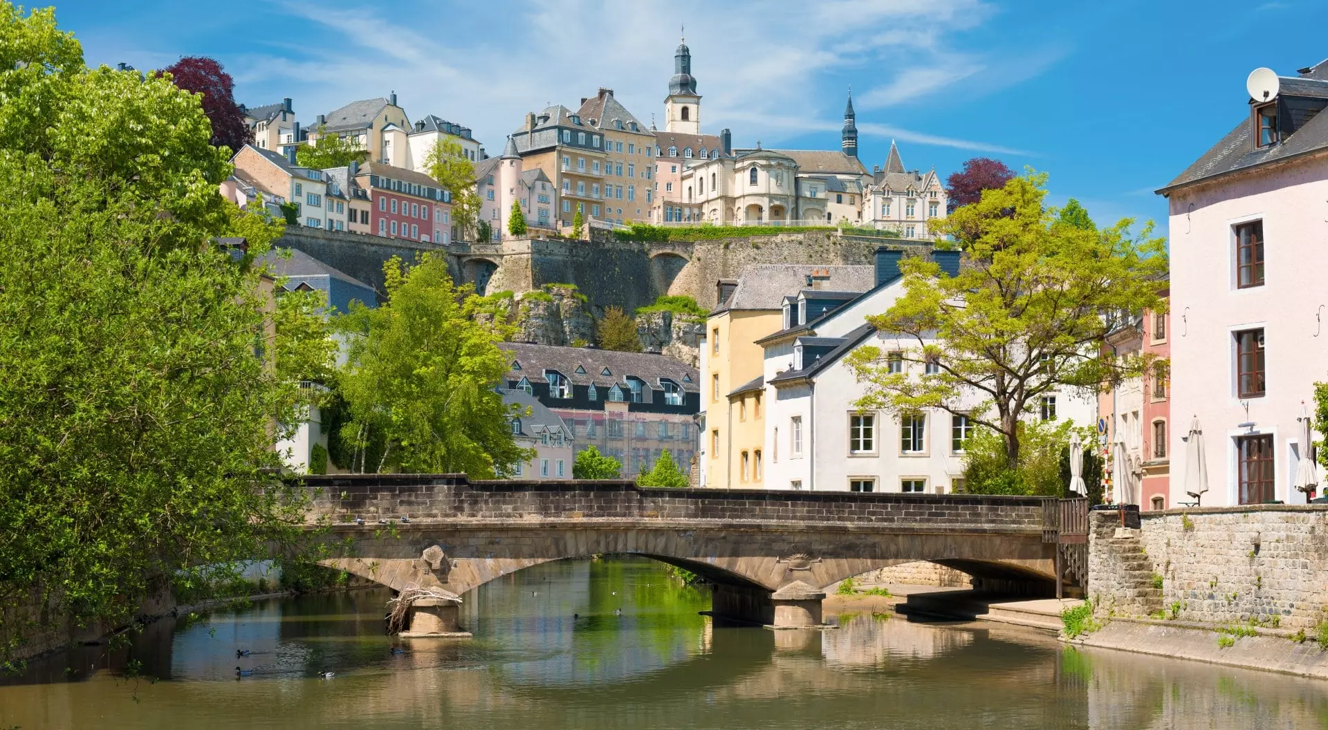 Grund neighbourhood with scenic view of bridge across Alzette River, Luxembourg City
