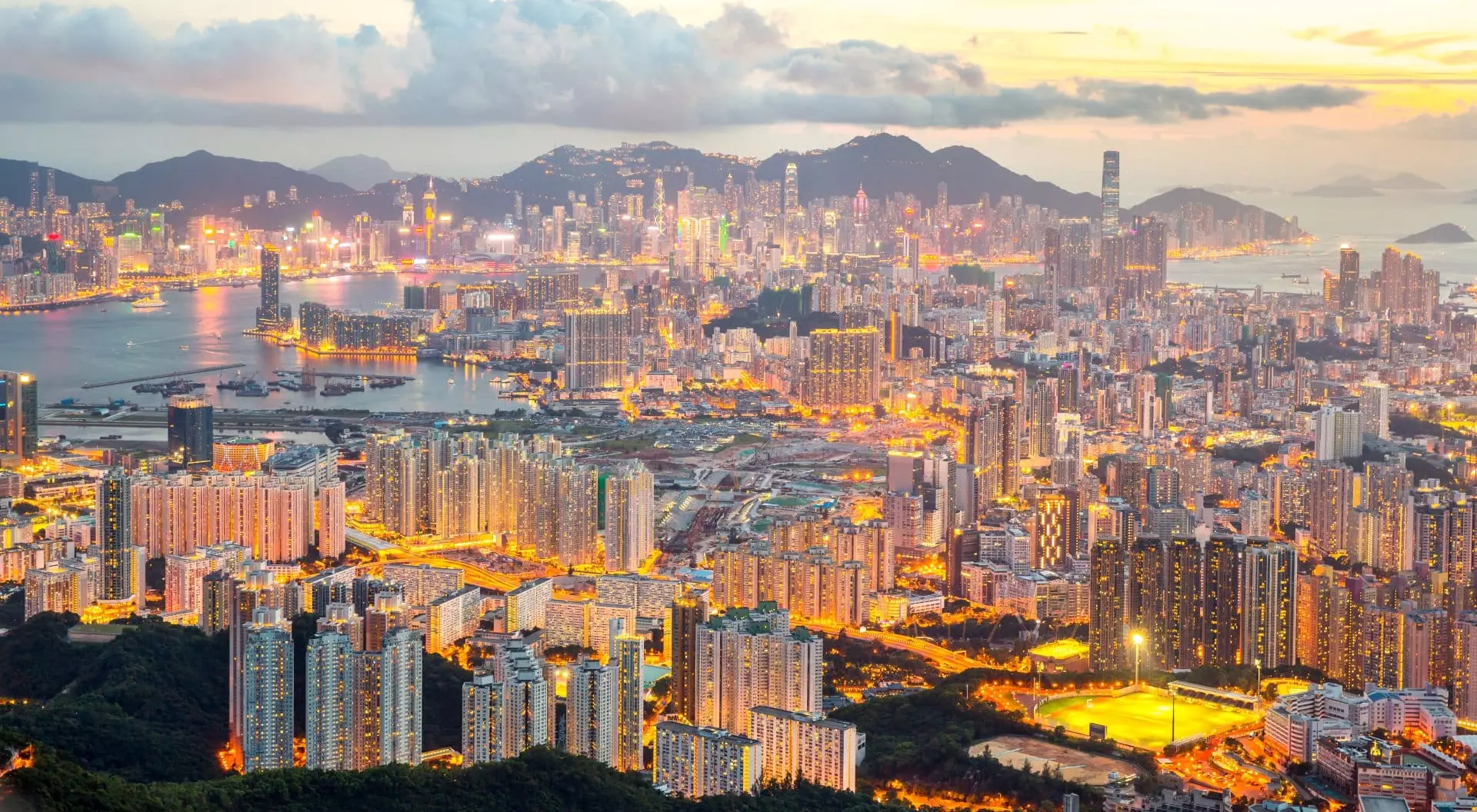 Hong Kong Hong Kong Skyline Kowloon from Fei Ngo Shan Hill sunset