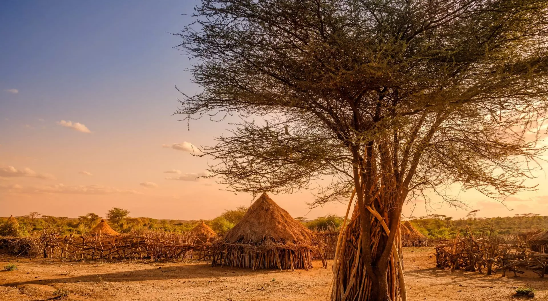 Ethiopia Huts in a Hamer Village at Sunset, Ethiopia