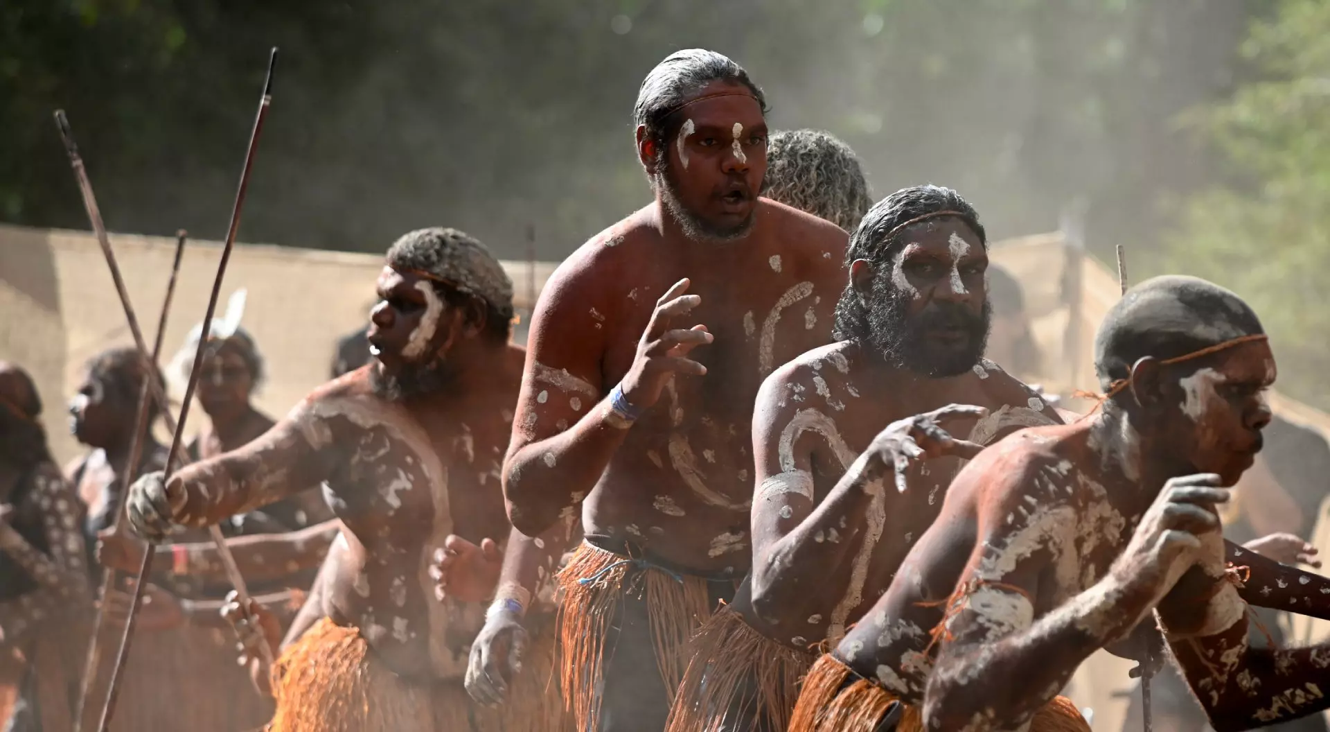 Indigenous Australians men on ceremonial dance in Laura Quinkan Dance Festival Cape York Australia