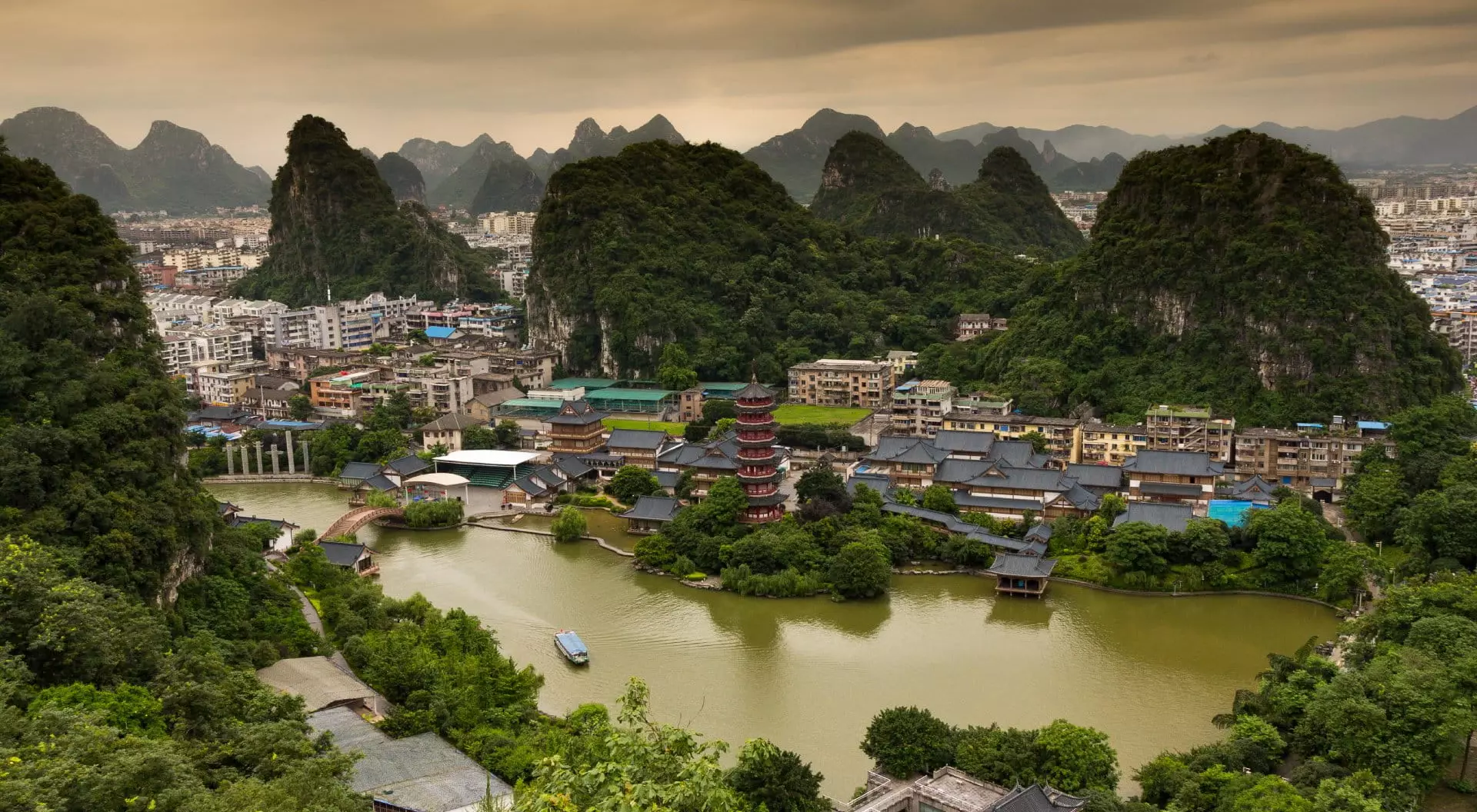 Guilin City, China Lookout over Guilin City at Sunrise in South Province, South China