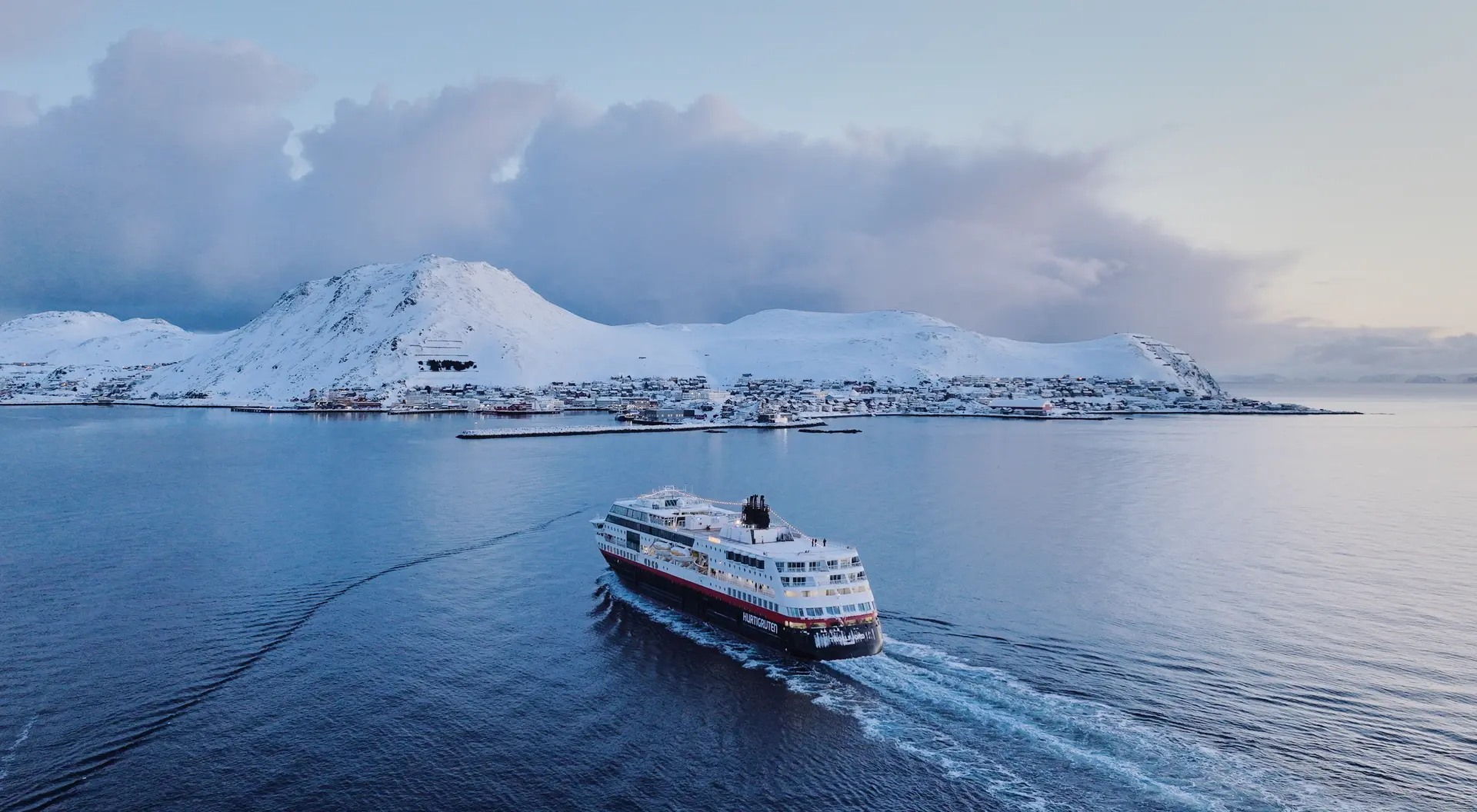 The MS Trollfjord approaches Honningsvåg, the northernmost city on mainland Norway.