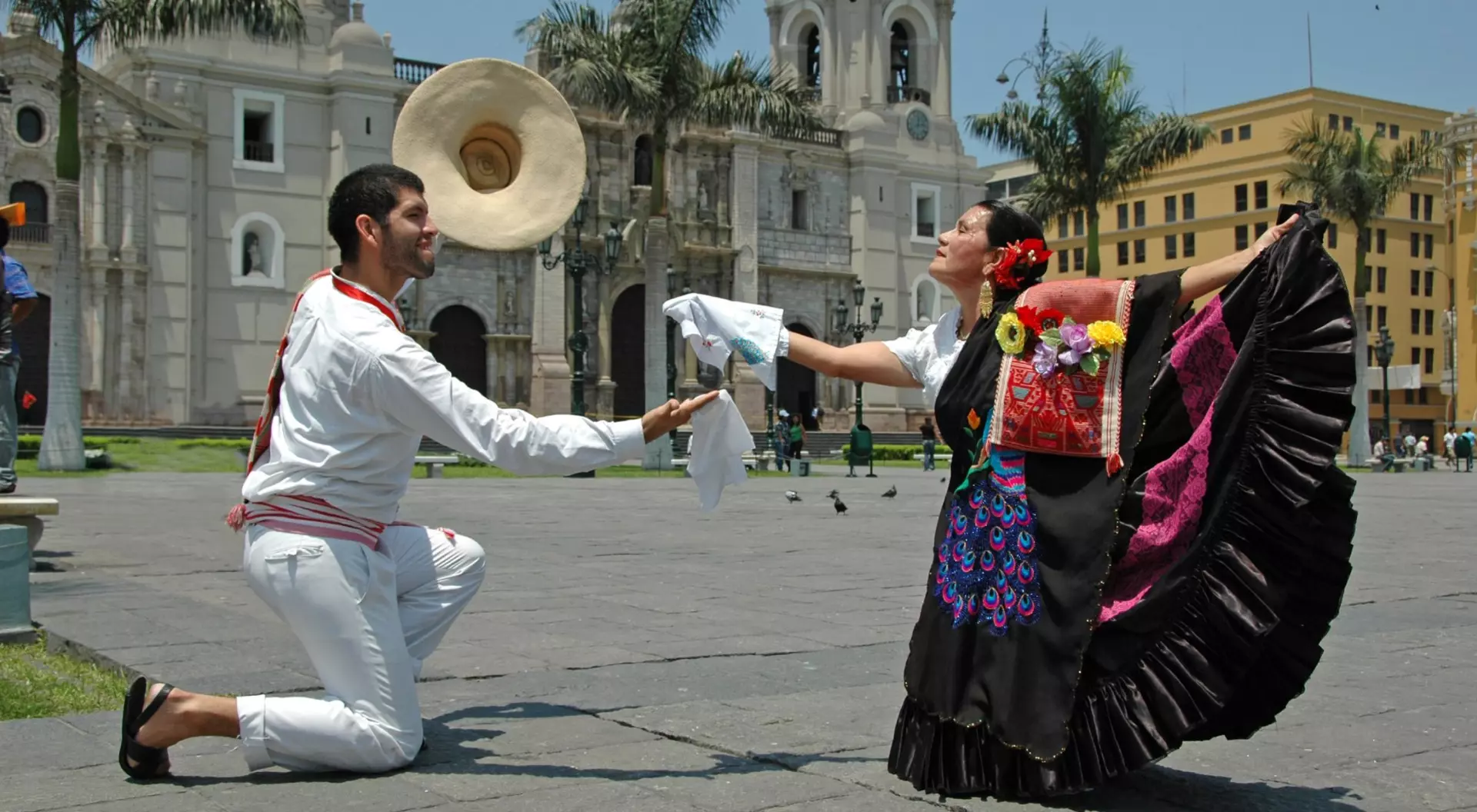 Lima, Peru Marinera Dancers in Front of the Basilica Cathedral in Lima, Peru