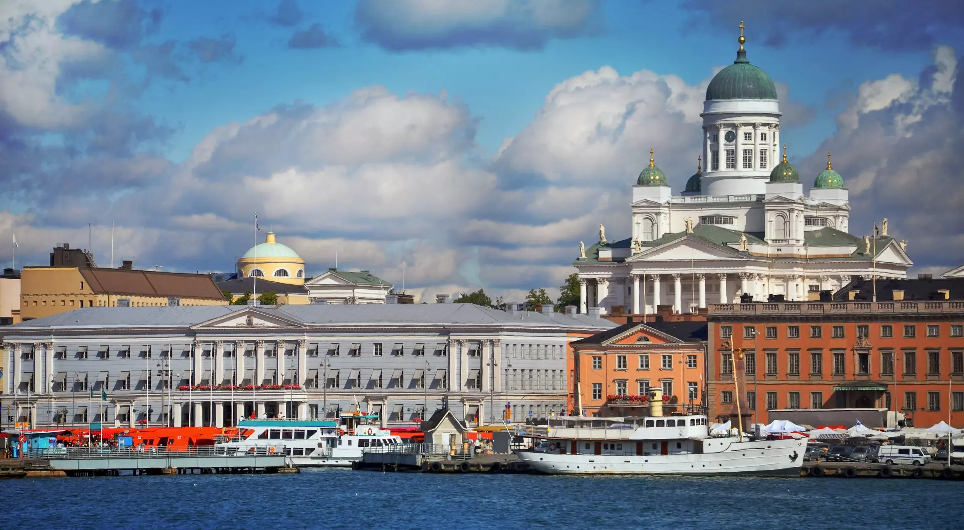 Helsinki, Finland Market Square (Kauppatori) Panorama at the Old Town pier, Helsinki, Finland