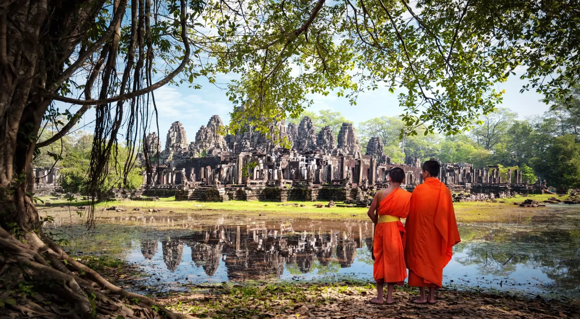 Cambodia Monks Facing Angkor Wat Cambodia