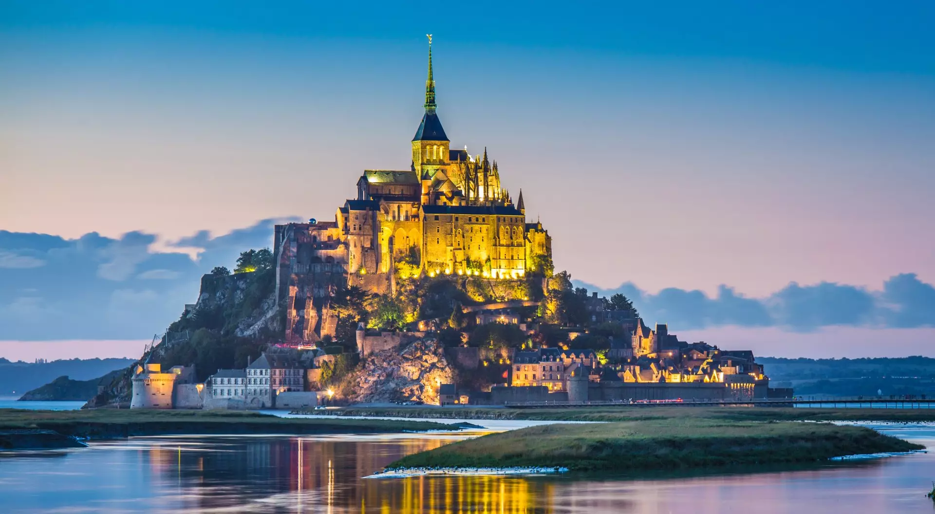 Mont Saint-Michel in twilight at dusk, Normandy, France