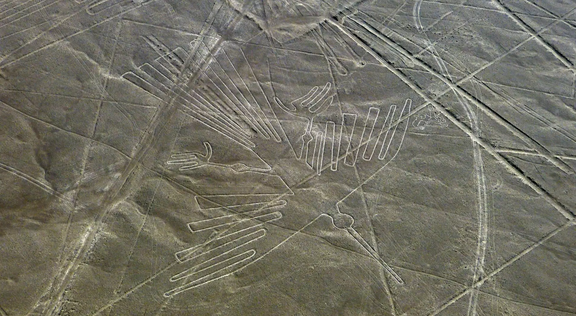 Peru Nazca Condor Lines Geoglyphs in Nasca desert, ancient Nazca culture, aerial view