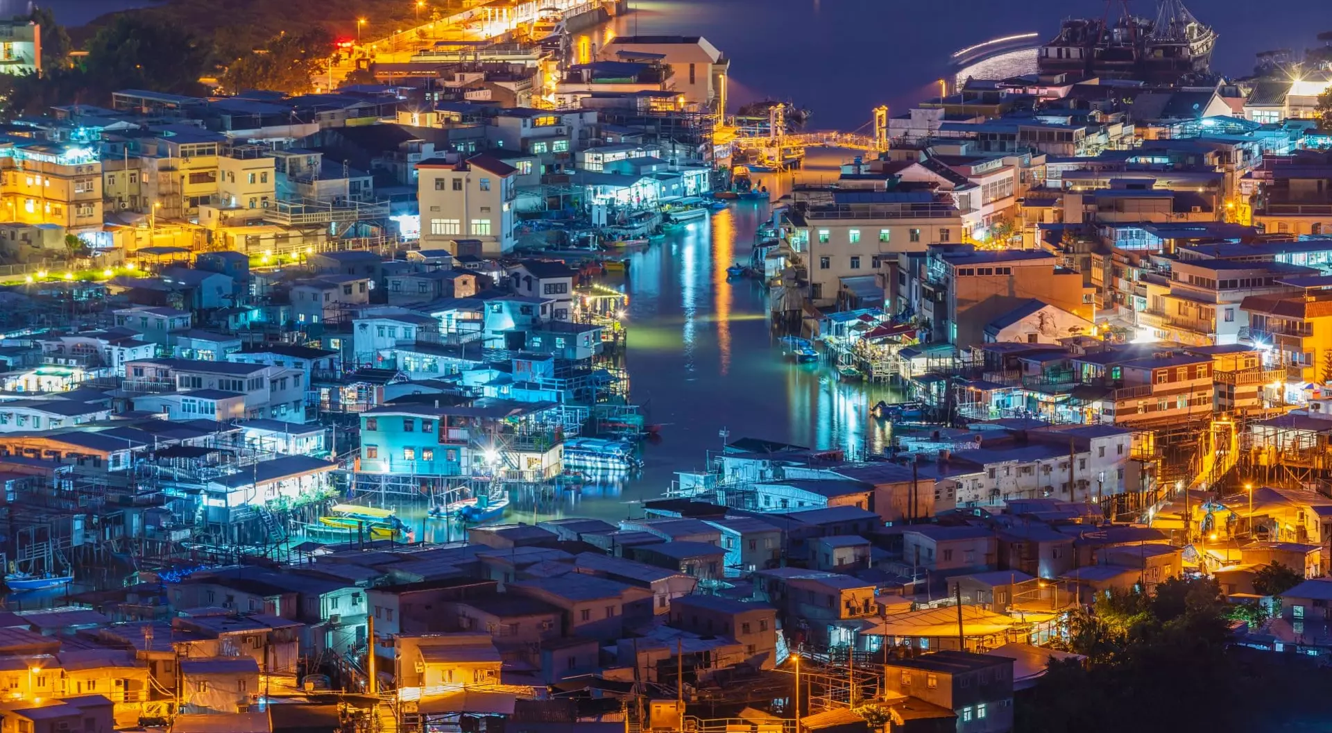 Night scenery of Tai O fishing village in Hong Kong