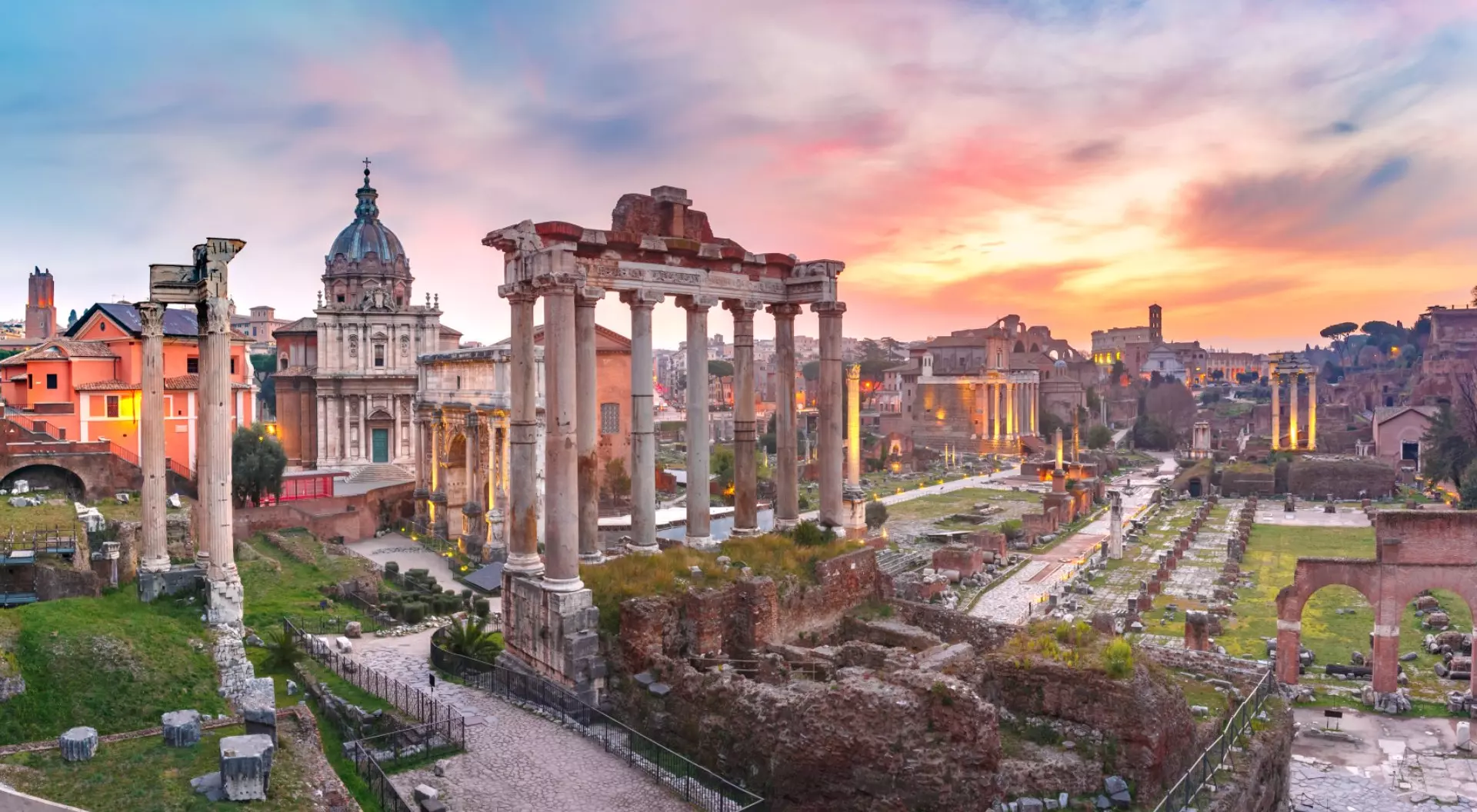 Roman Forum, Rome, Italy Panorama of Roman Forum at sunset, Rome, Italy