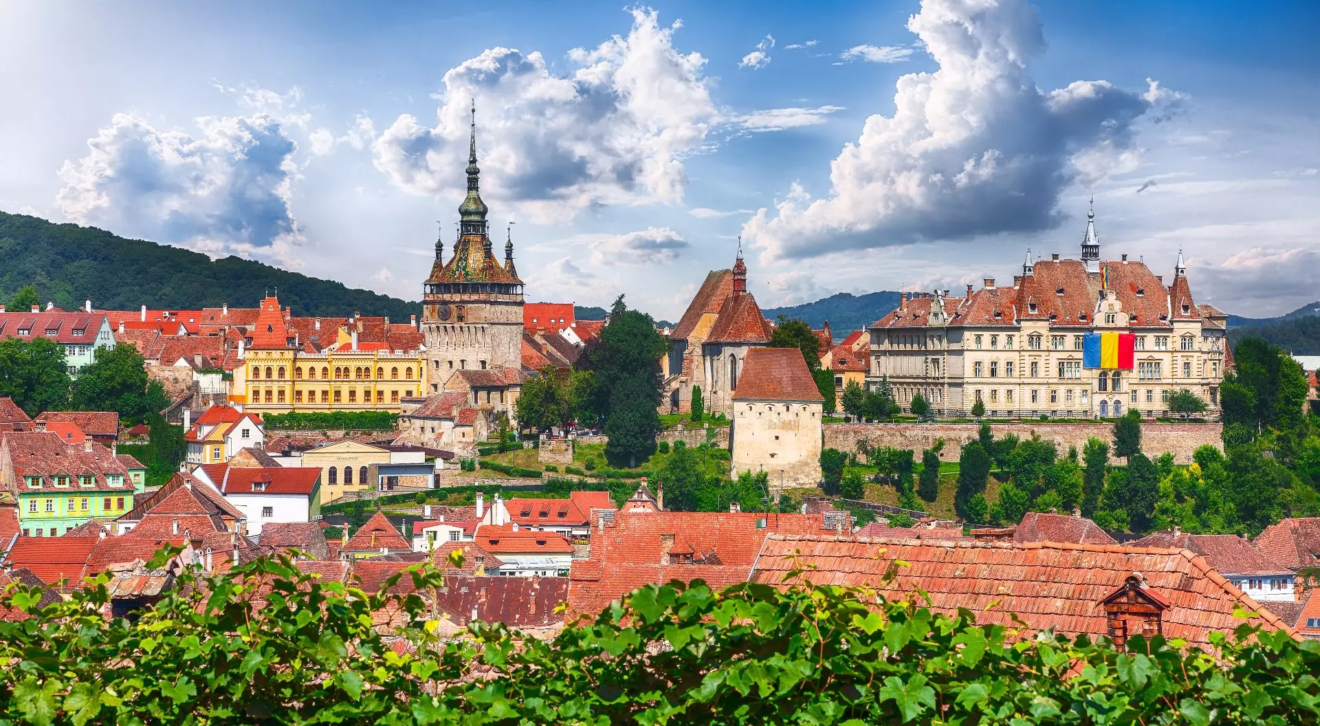 Panoramic view over the medieval cityscape architecture in Sighisoara, Transylvania, Romania