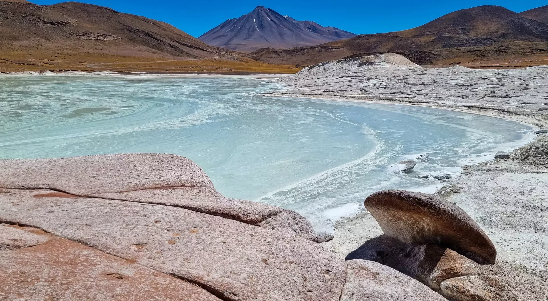 Atacama Desert, Chile Piedras Rojas, Atacama Desert, Chile. Salt lake and reddish rock formations that form a beautiful desert landscape