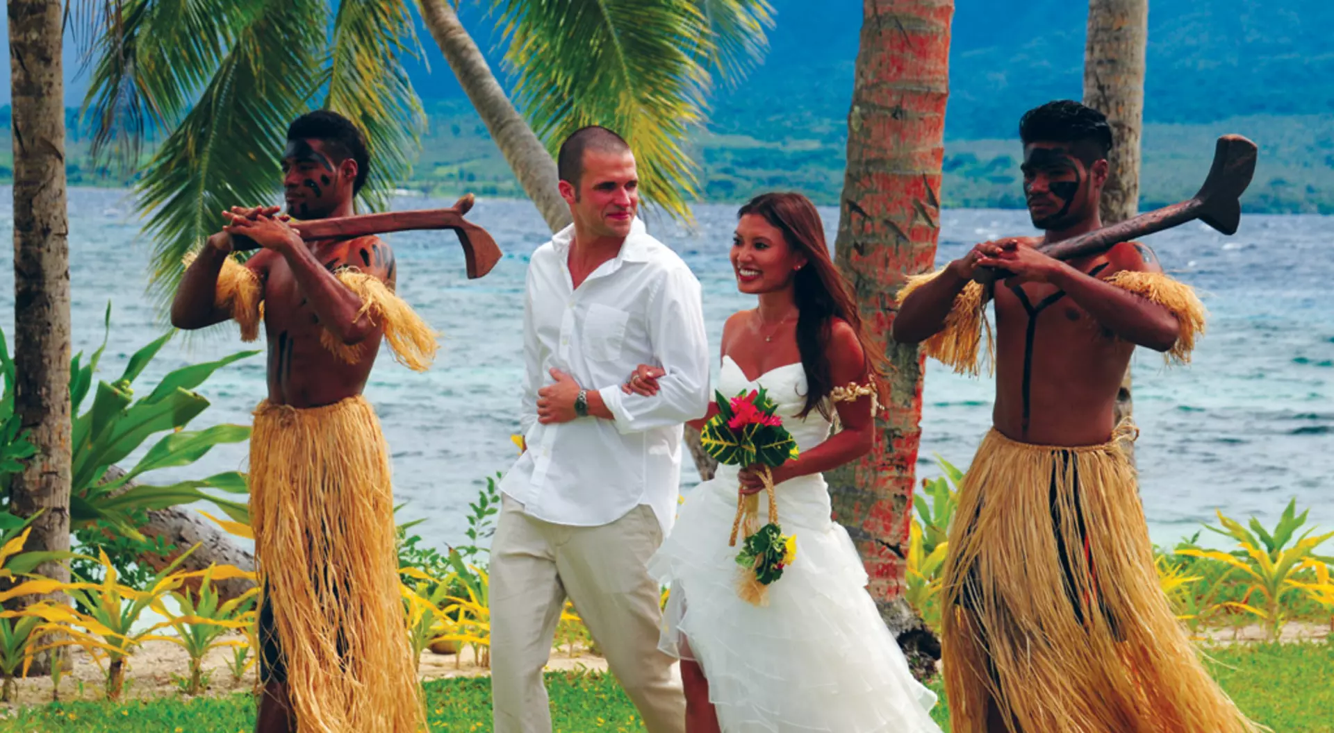 Fiji Qamea Bride and Groom with Warriors