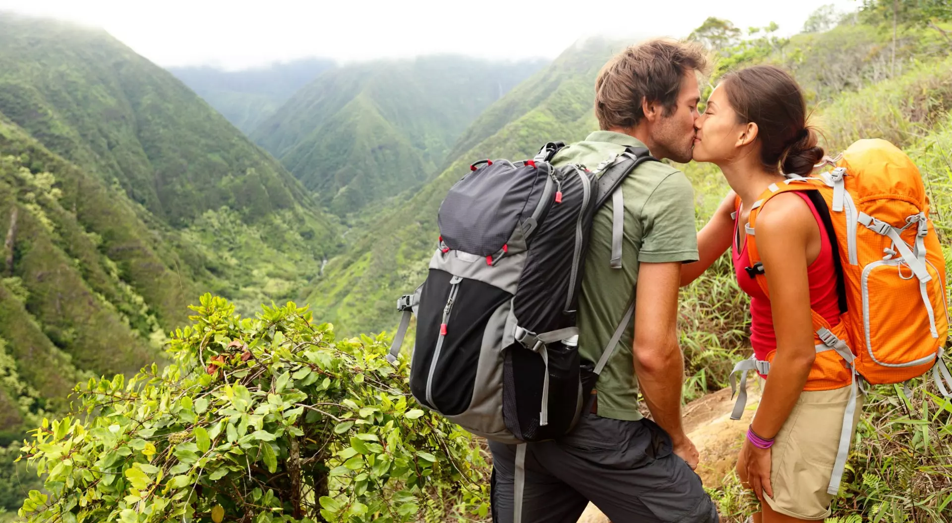 Hawaii Romantic Young Hikers in Mountain Forest Nature