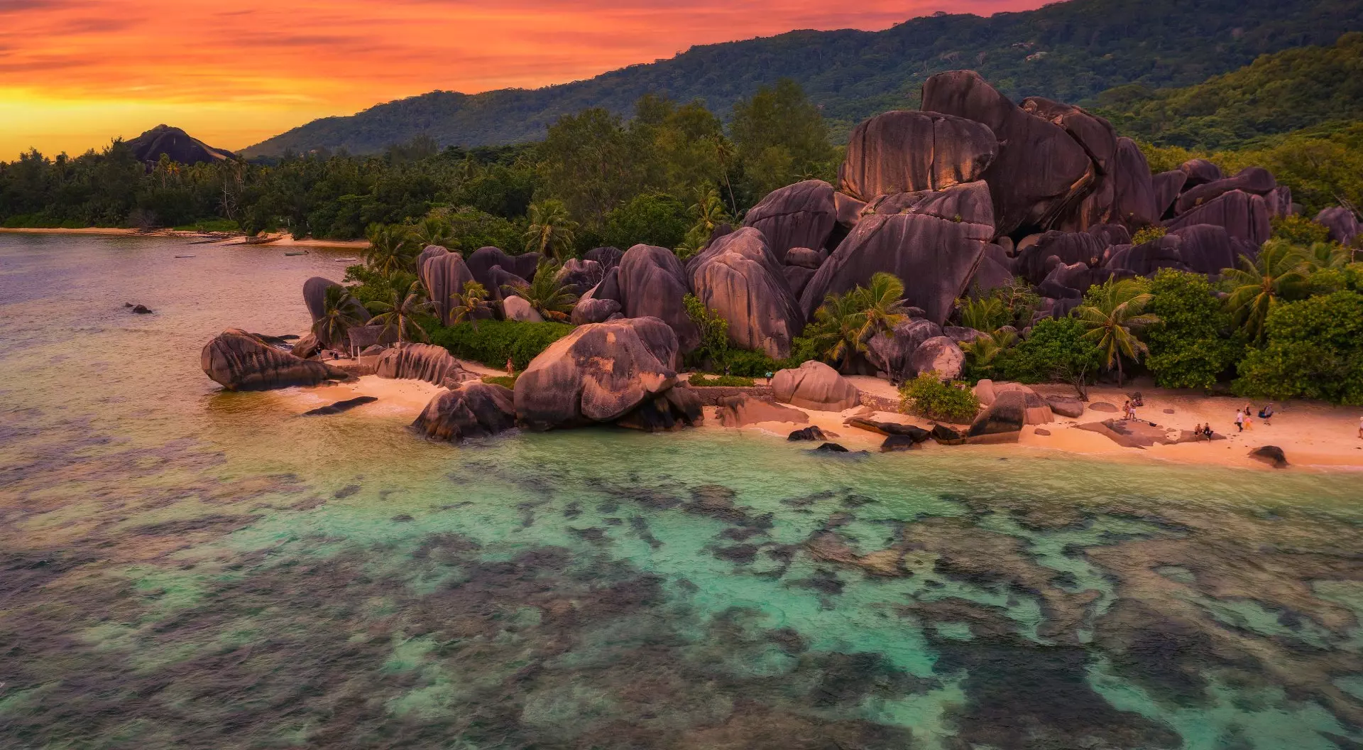 Sunset above Anse Source D'argent beach at the La Digue Island, Seychelles