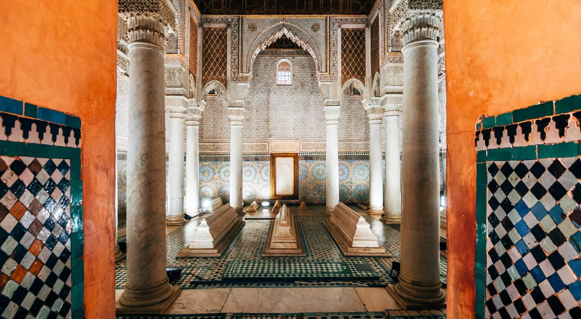 Saadian Tombs, Marrakech, Morocco The ornate pillars and tile work of the Saadian Tombs in Marrakech, Morocco.