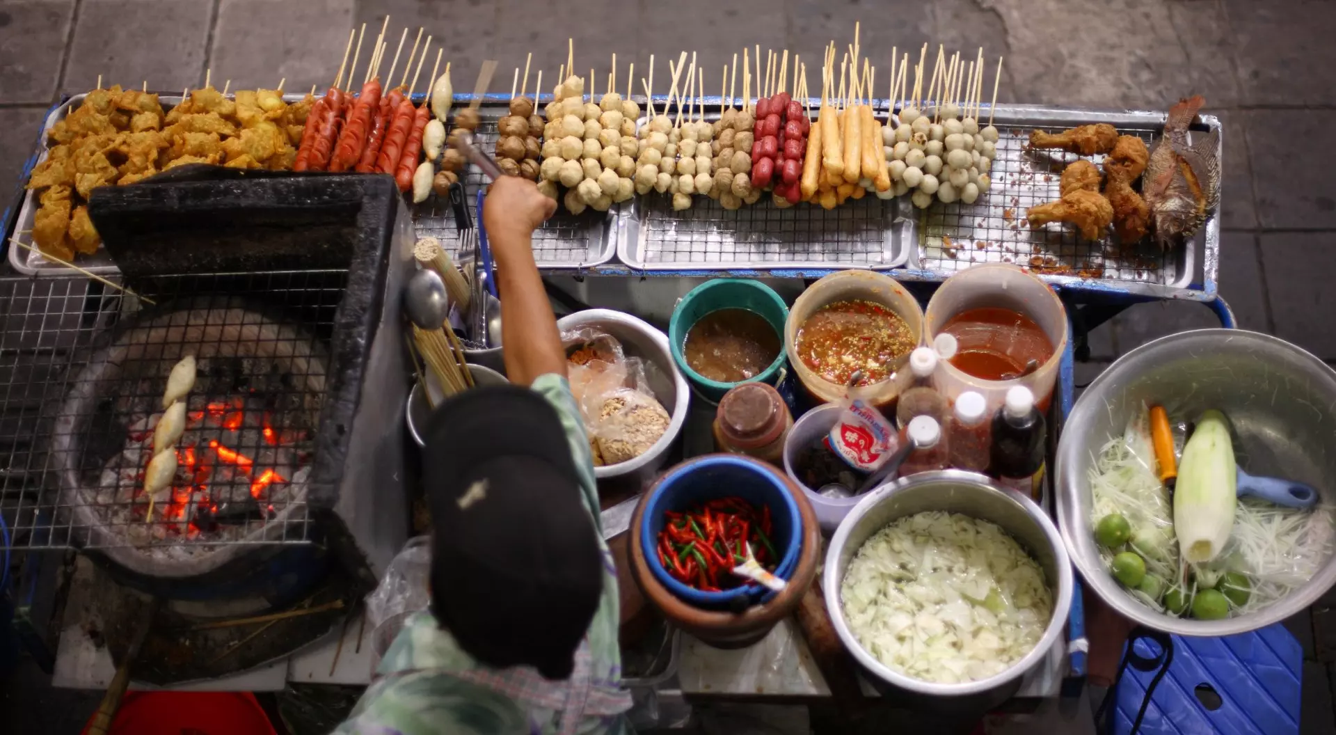 Top view of a Thai street food vendor in Bangkok, Thailand