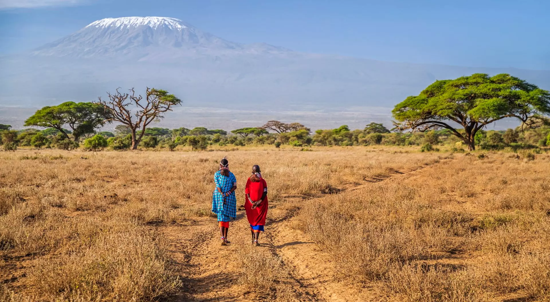 Kenya, Africa Two African women from Maasai tribe crossing savannah with offspring on their back, Mount Kilimanjaro on the background, central Kenya, Africa. Maasai tribe inhabiting southern Kenya and northern Tanzania, and they are related to the Samburu.
