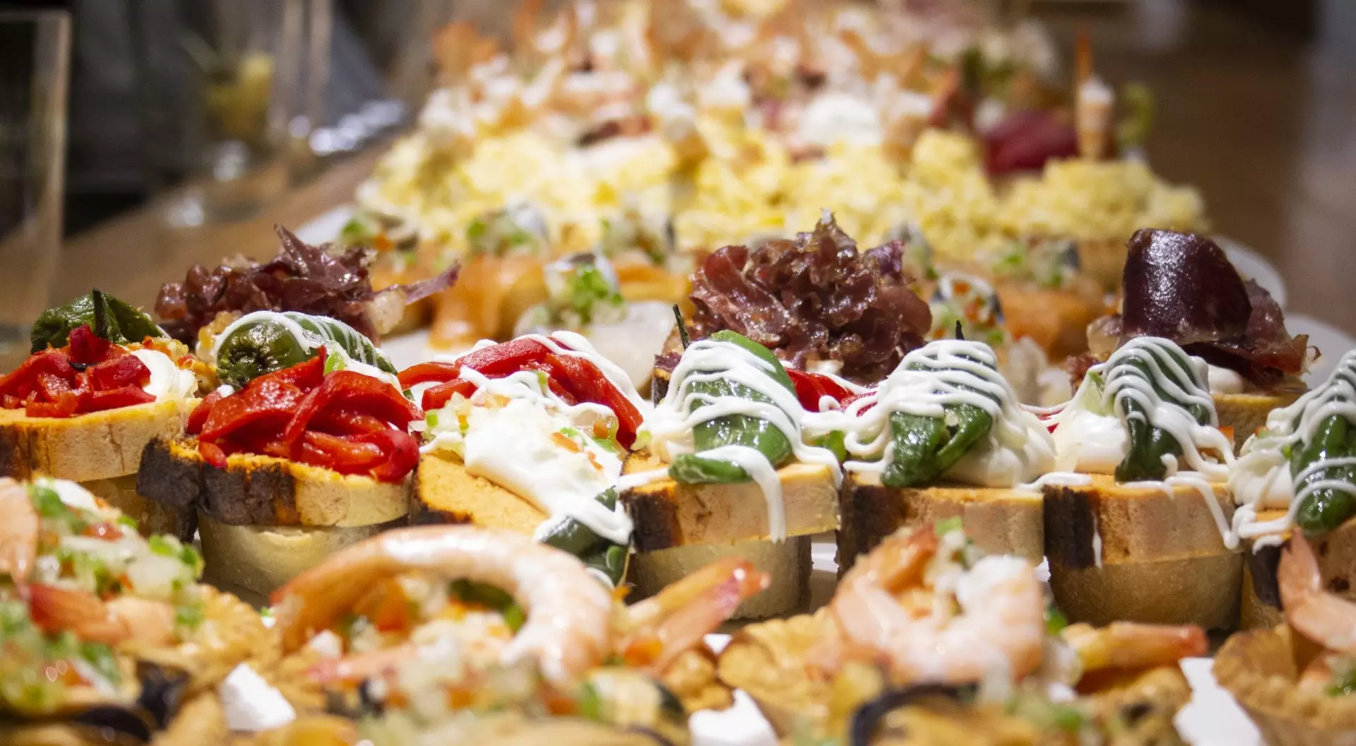 Typical pintxos of the Basque Spanish cuisine, Spanish tapas