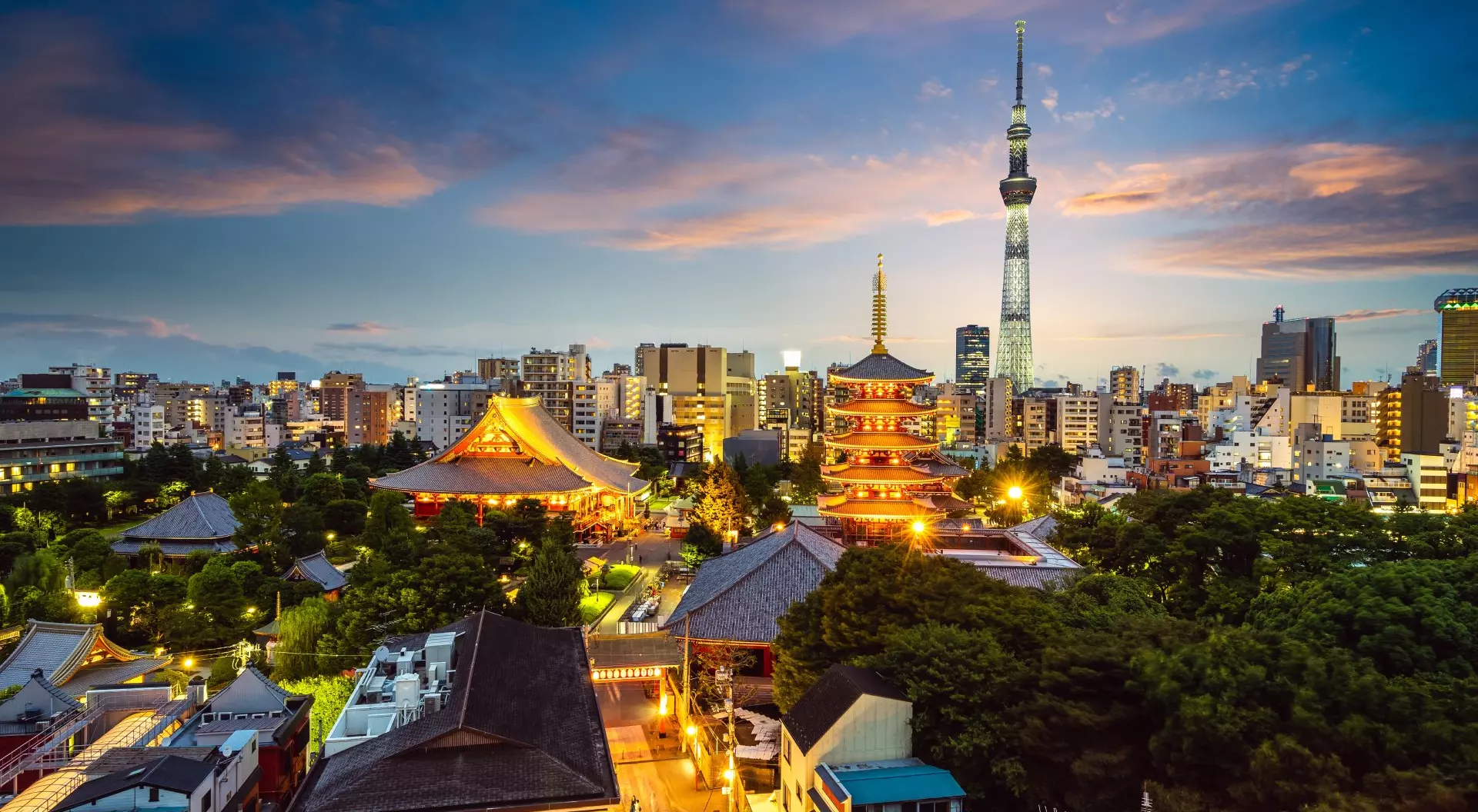 Tokyo, Japan View of Tokyo skyline with Senso-ji Temple and Tokyo Skytree at twilight, Japan