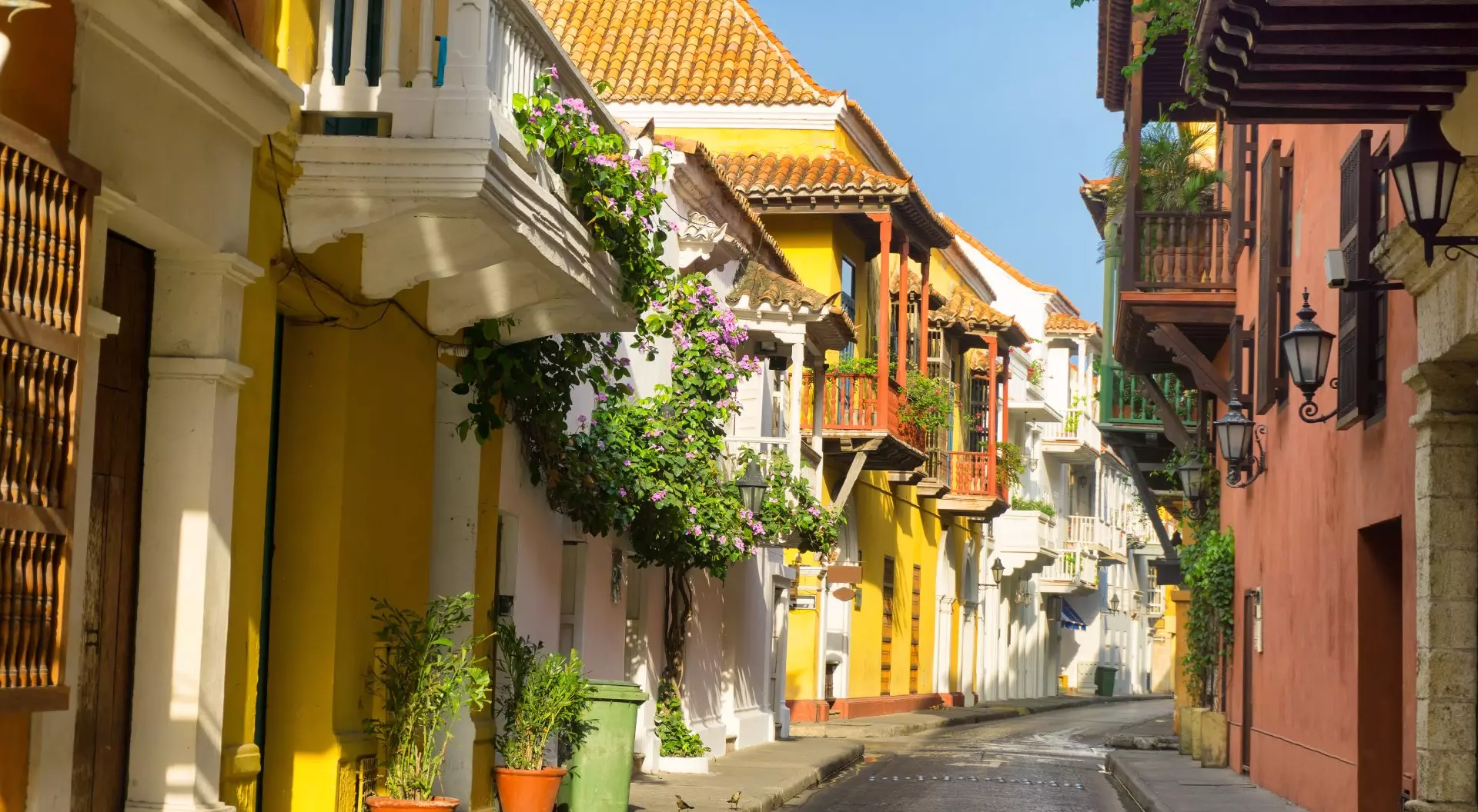 View of a beautiful colonial street in Cartagena, Colombia