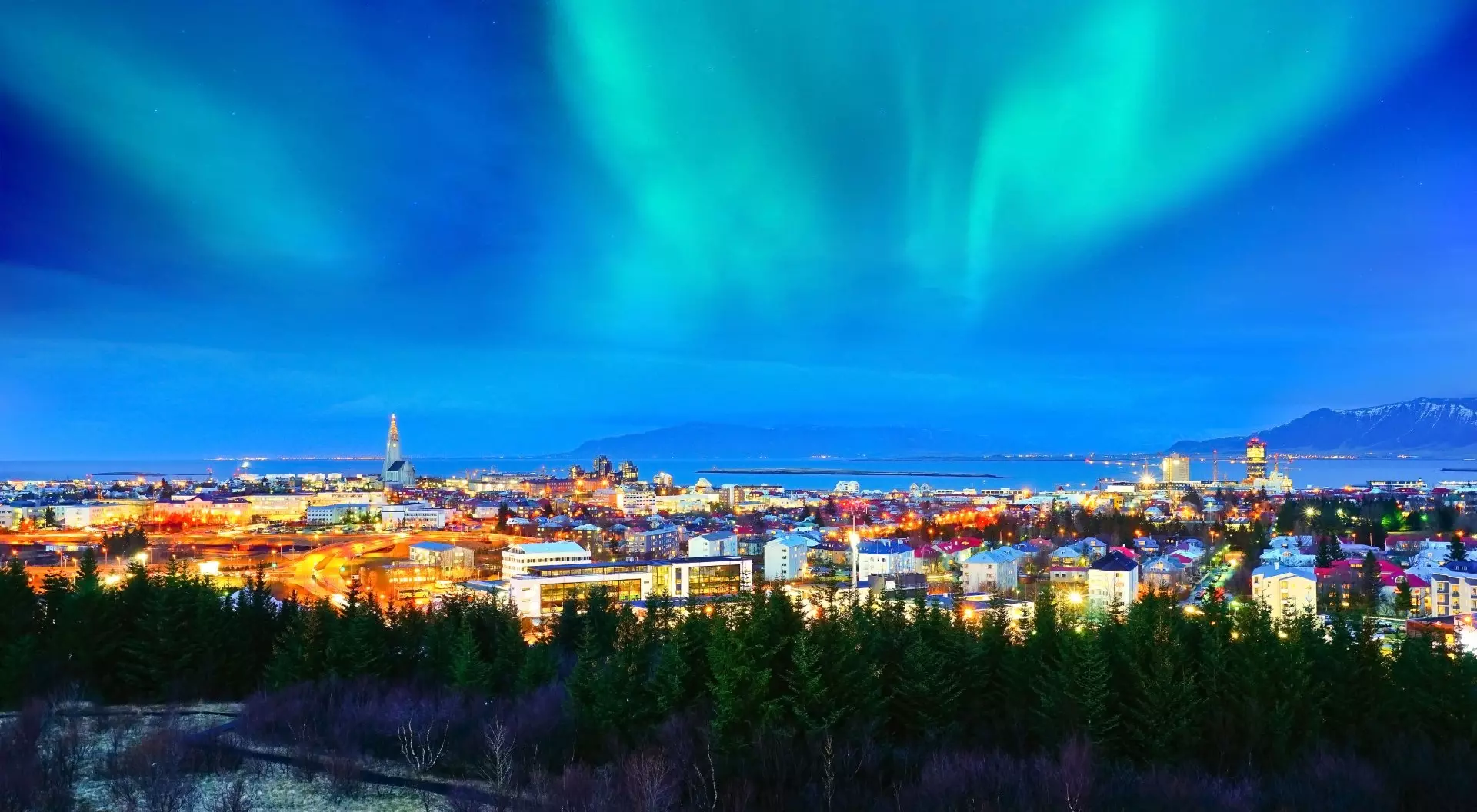 View of the Northern Lights from the city centre in Reykjavik, Iceland