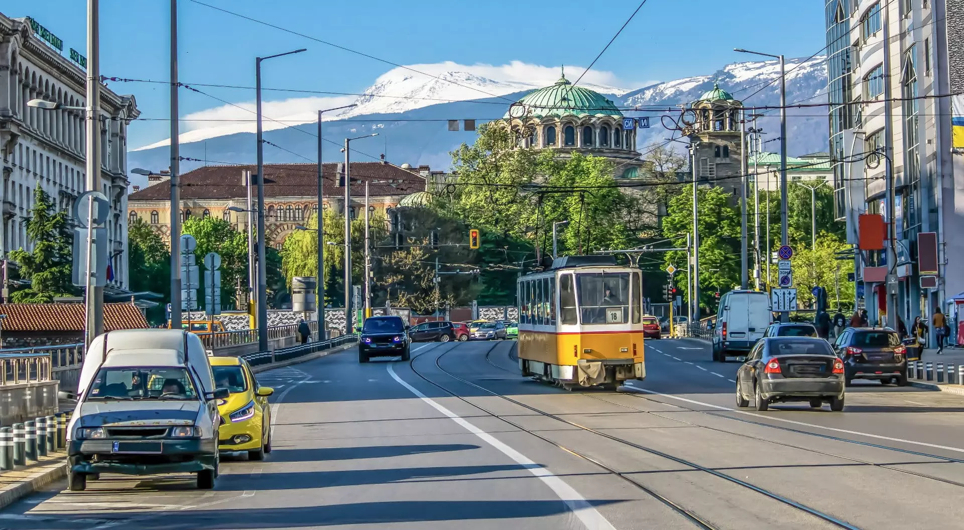 Sofia, Bulgaria Vitosha Boulevard with Sveta Nedelya Cathedral and Vitosha Mountain in background, Sofia, Bulgaria