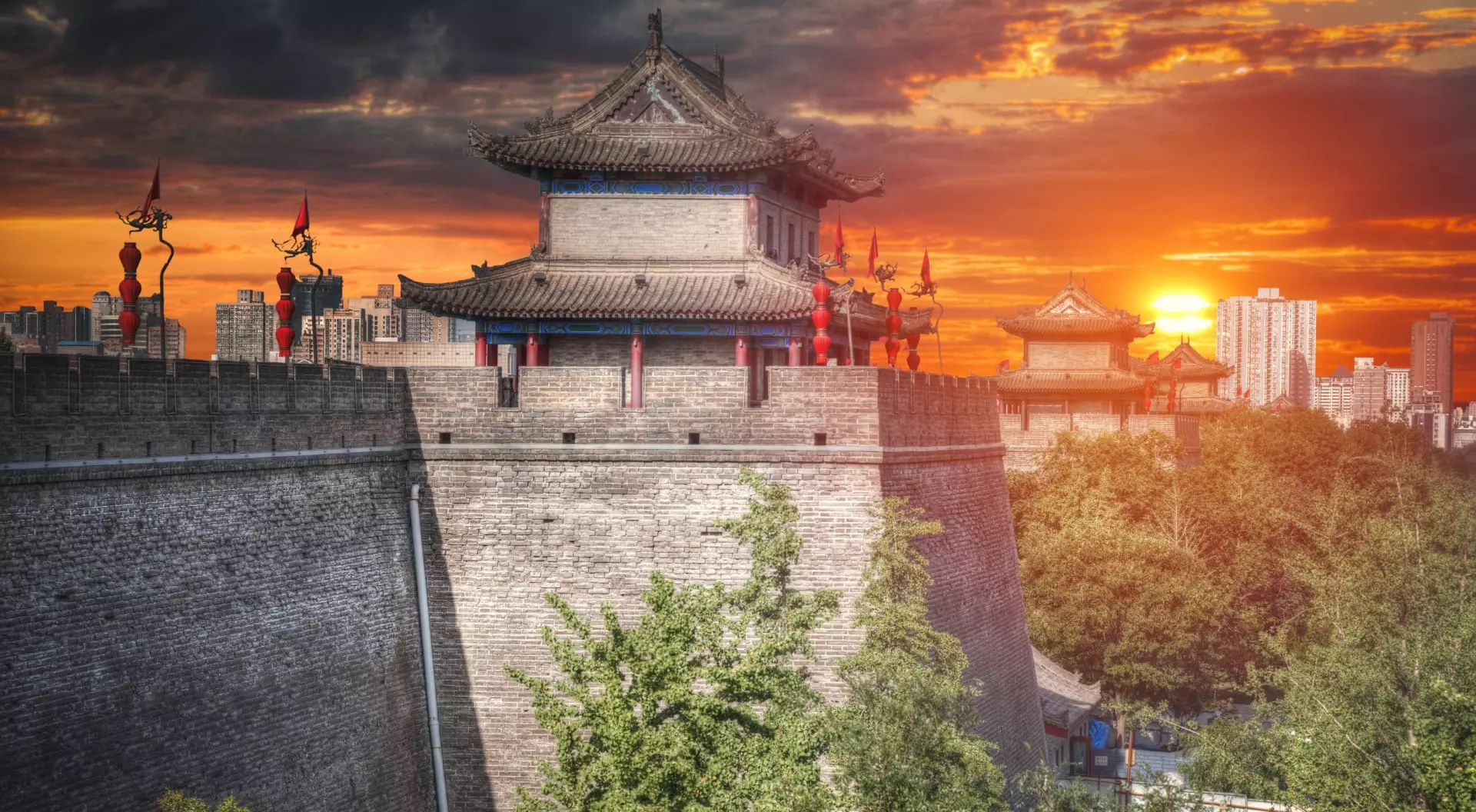 Wall around the old Chinese city of Xian, China Vacations