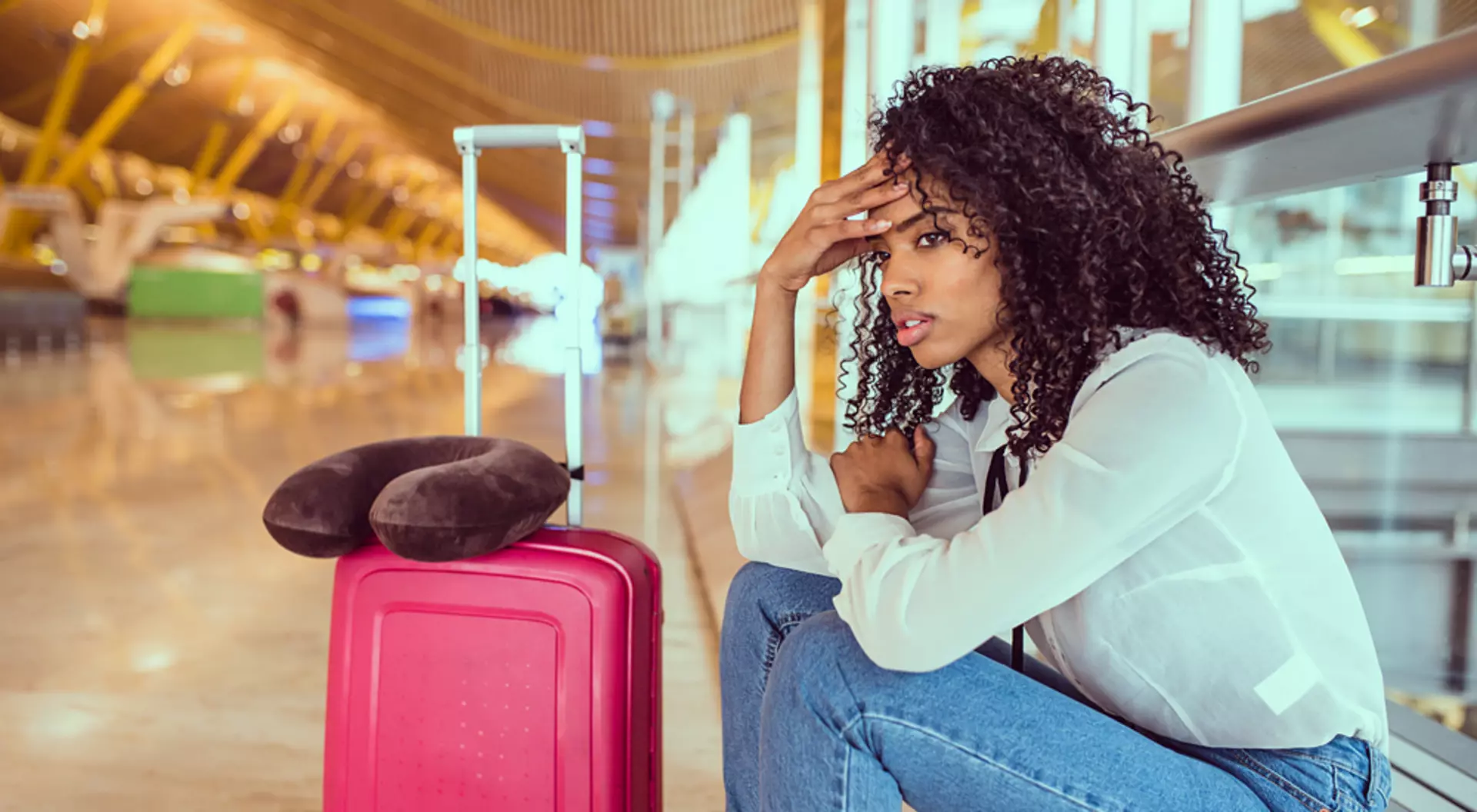 Woman sad and unhappy at the airport with flight cancelled