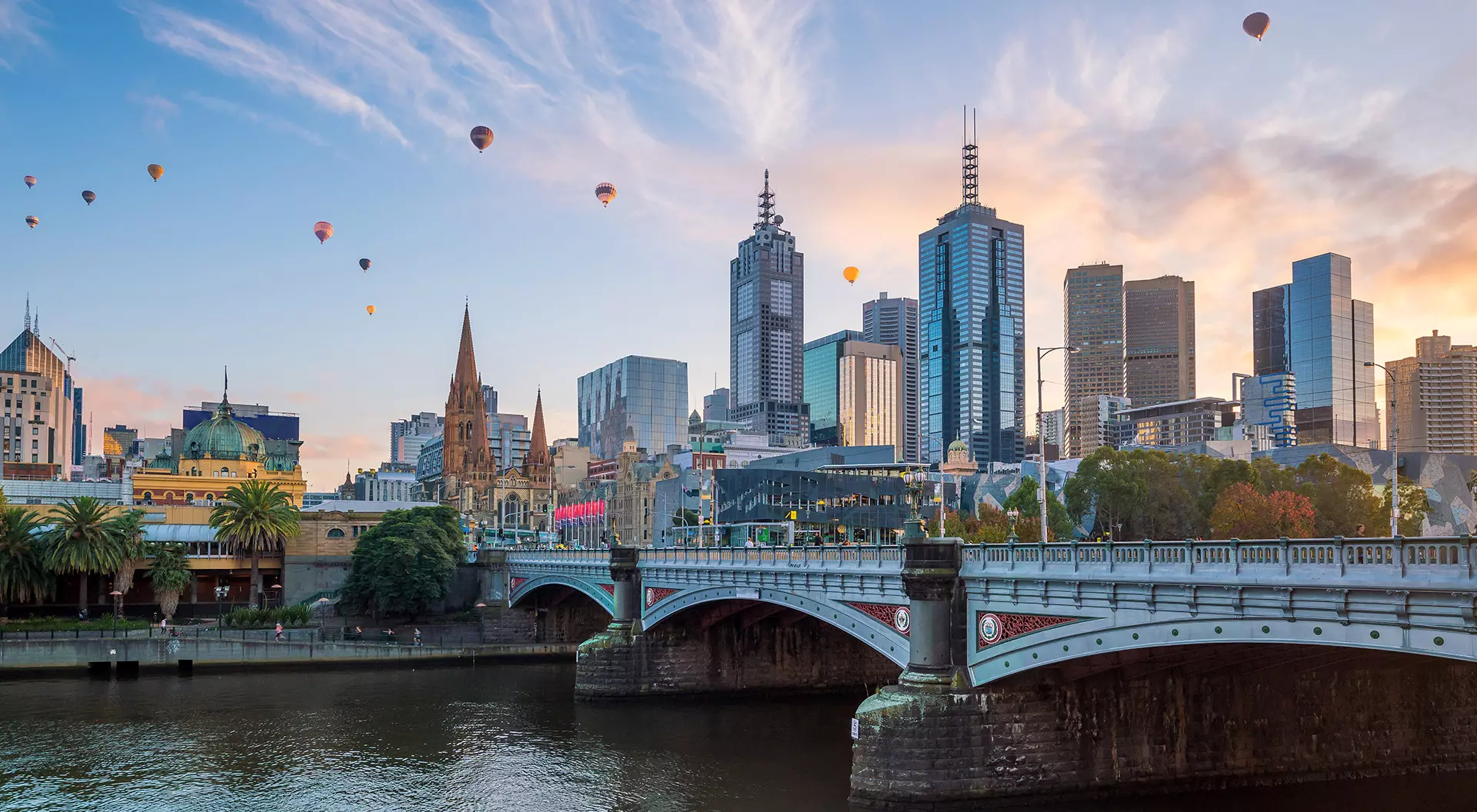 Hot air balloons floating over Melbourne and Yarra River