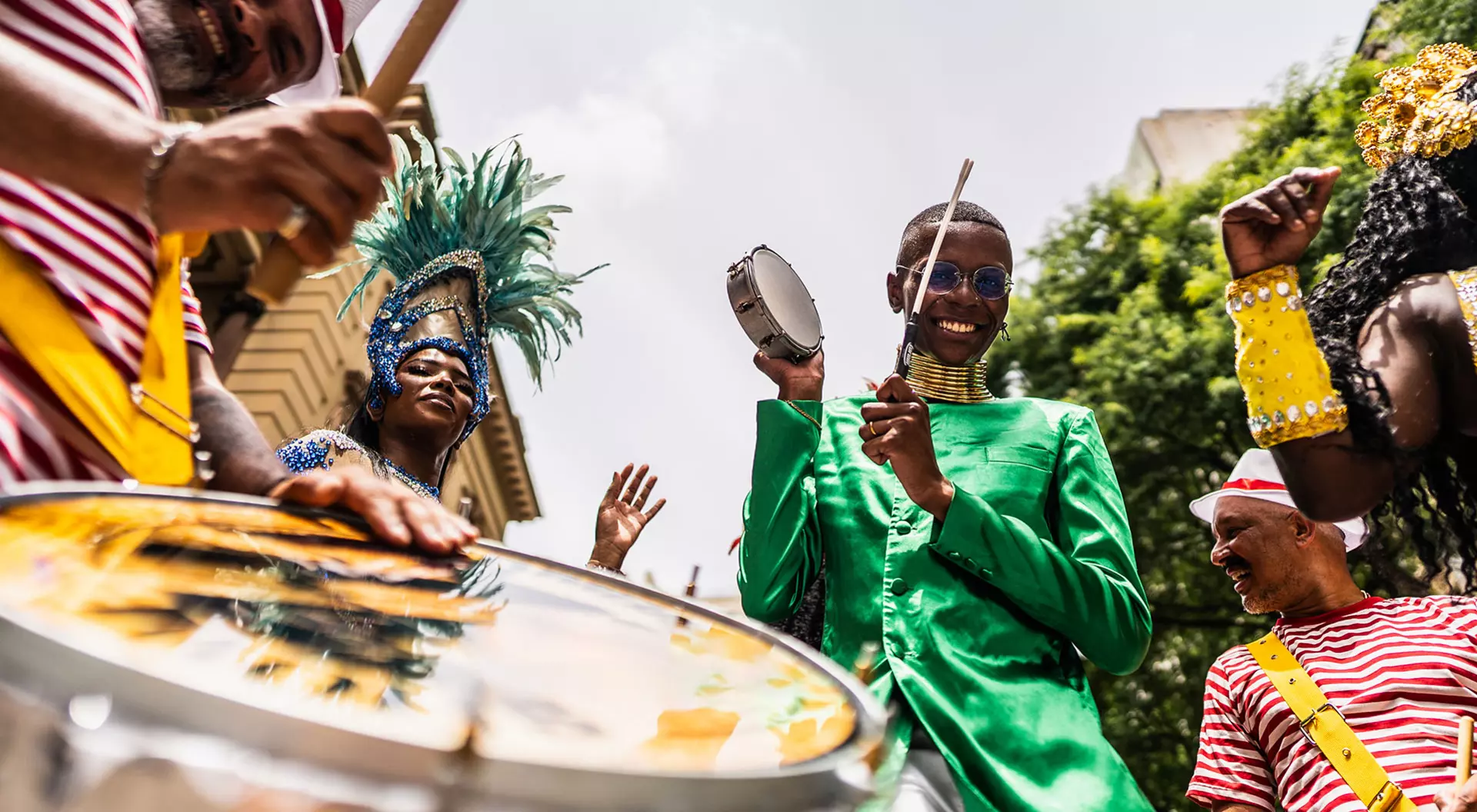 Rio de Janeiro, Brazil Group of people celebrate Rio Carnival with drums.