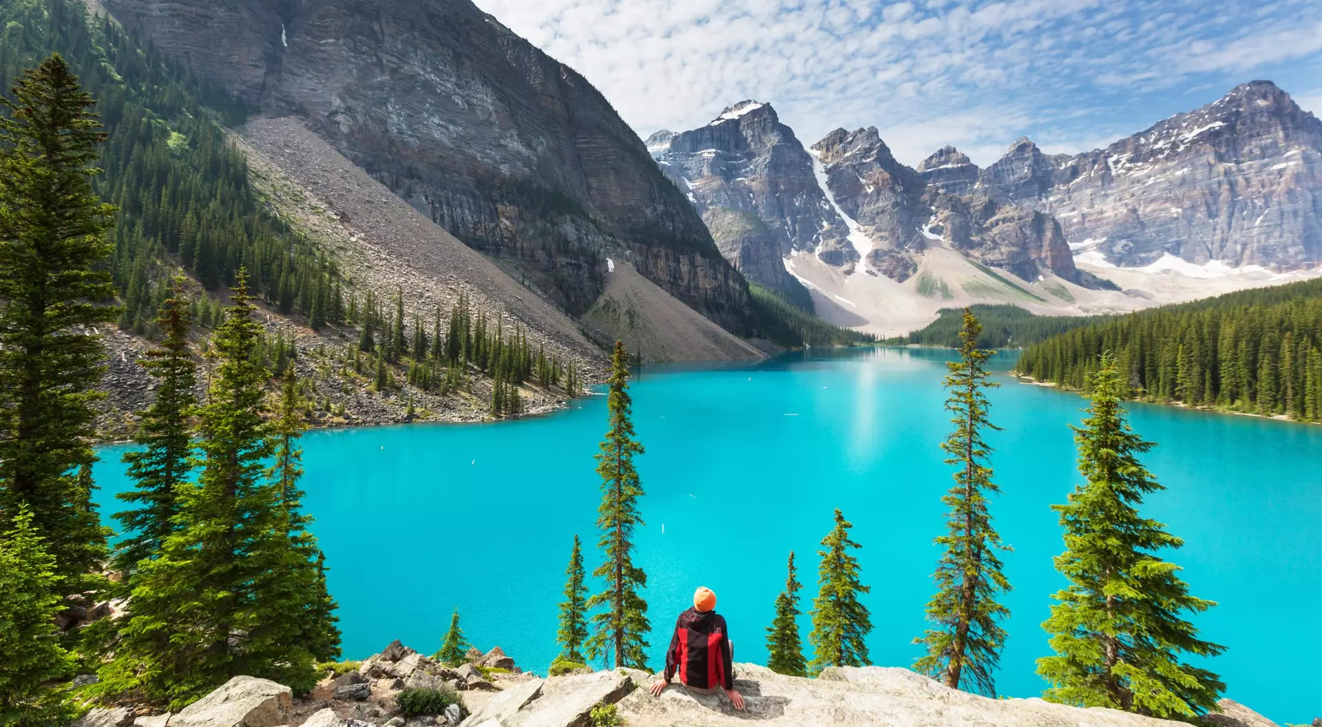 Moraine Lake, Canada view of blue lake with mountains in back