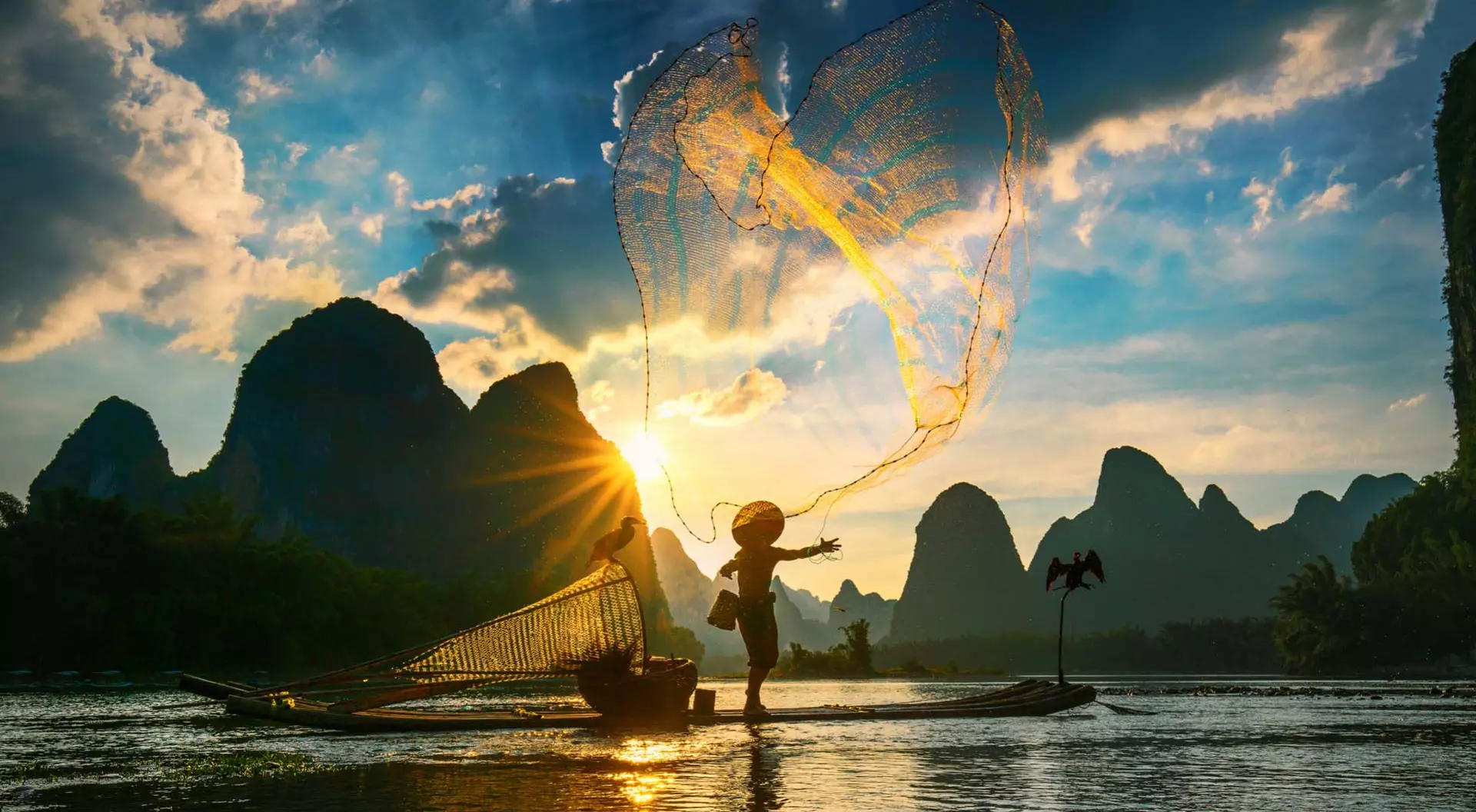 A traditional cormorant fisherman throws his net in the air at sunrise in Guilin China